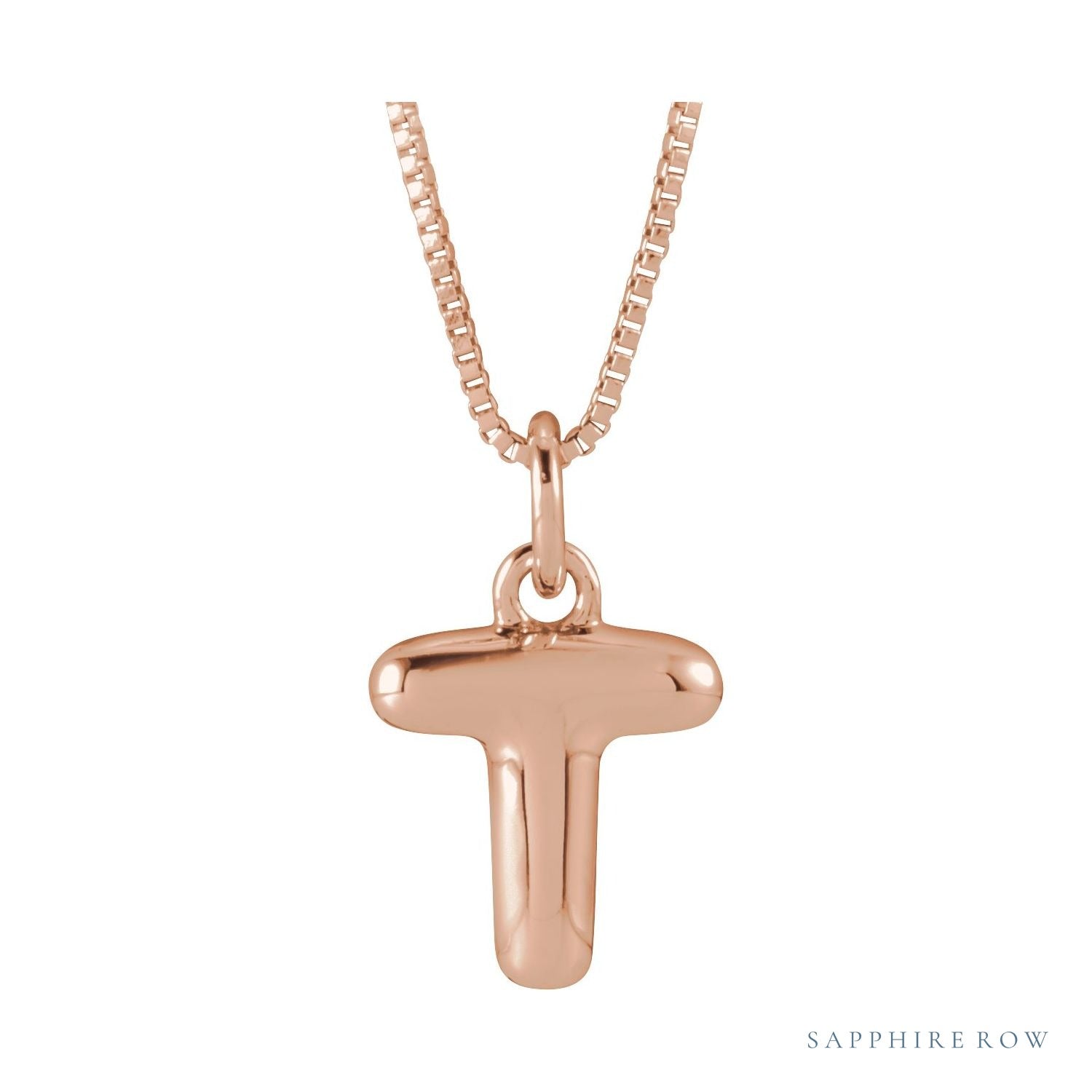 Sapphire Row Bubble Letter Necklace - T, 14K Rose Gold