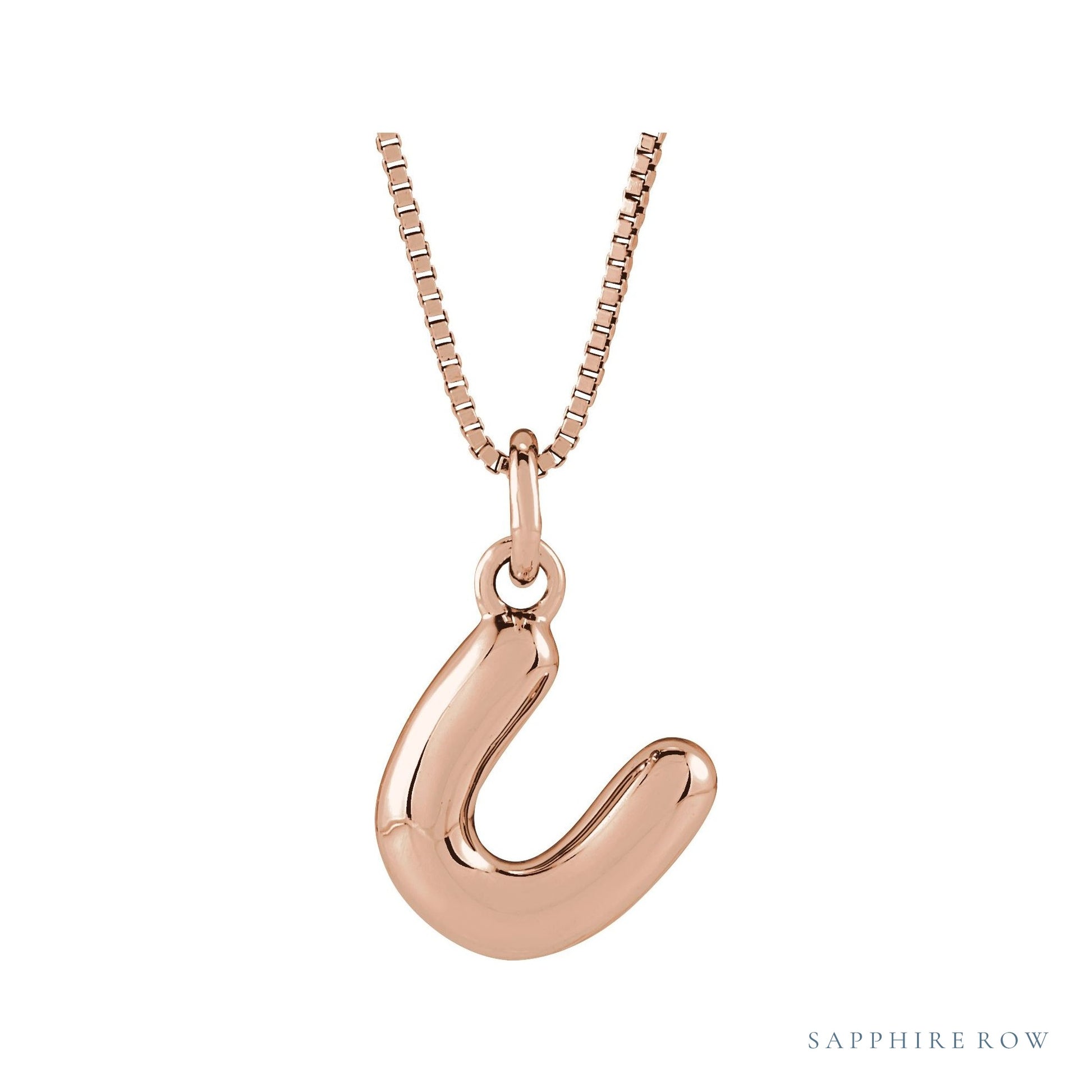 Sapphire Row Bubble Letter Necklace - U, 14K Rose Gold