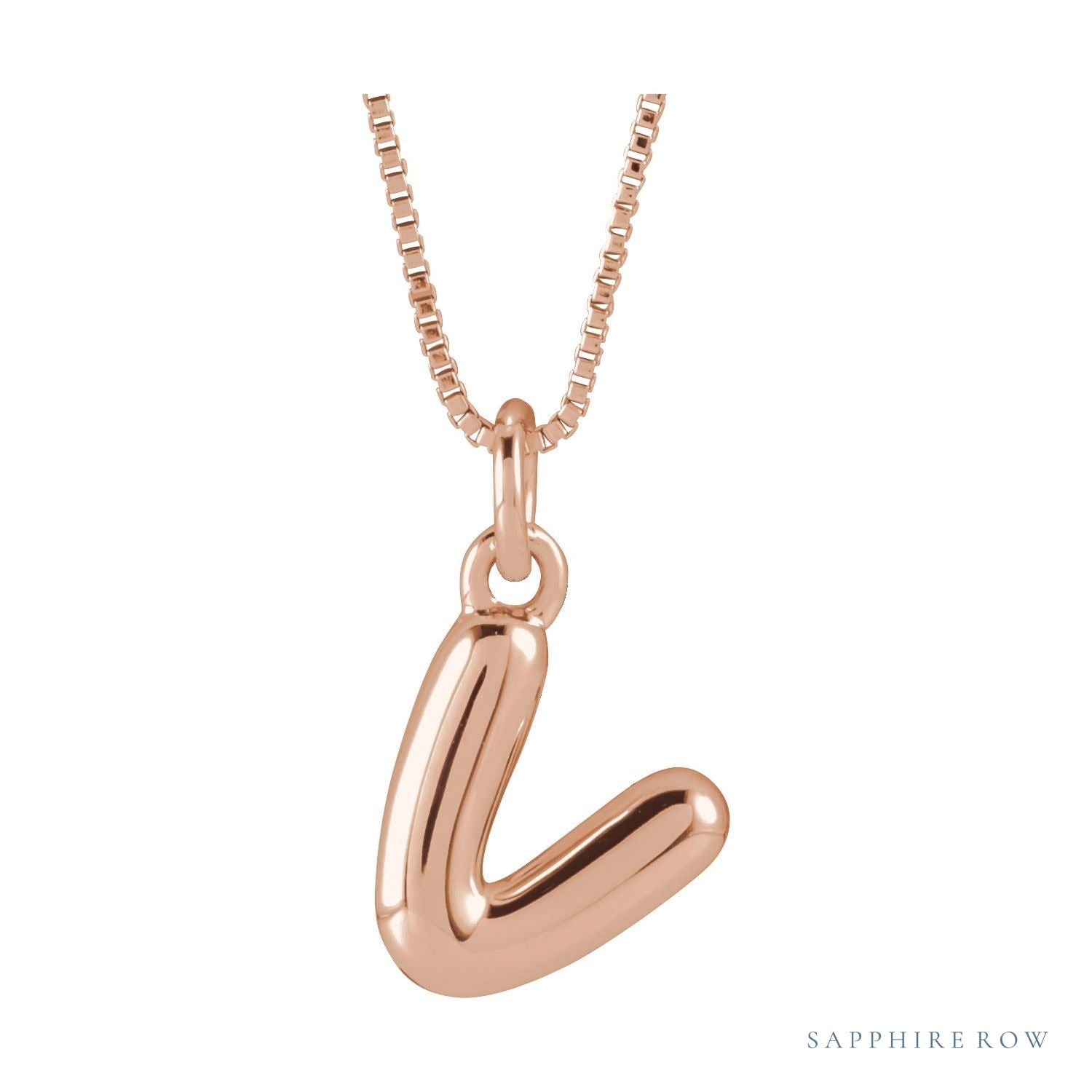 Sapphire Row Bubble Letter Necklace - V, 14K Rose Gold