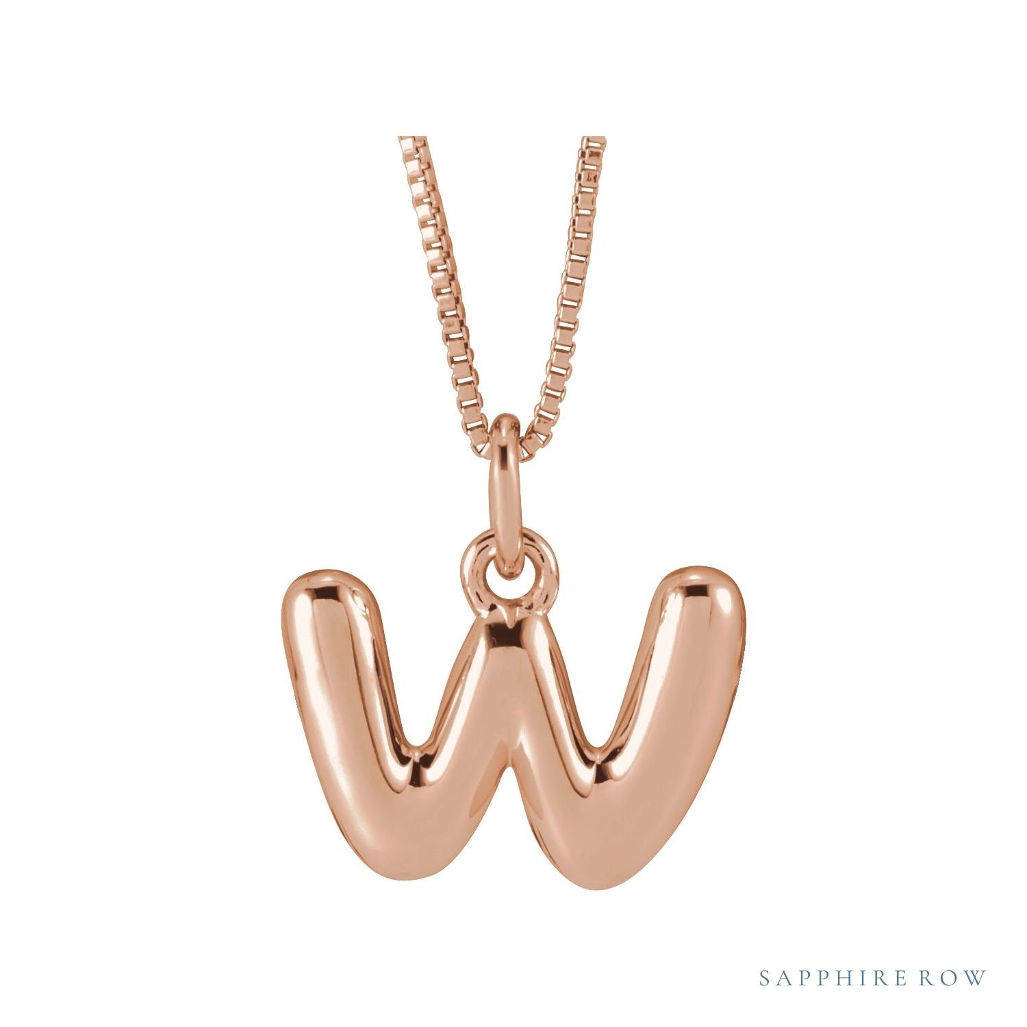 Sapphire Row Bubble Letter Necklace - W, 14K Rose Gold
