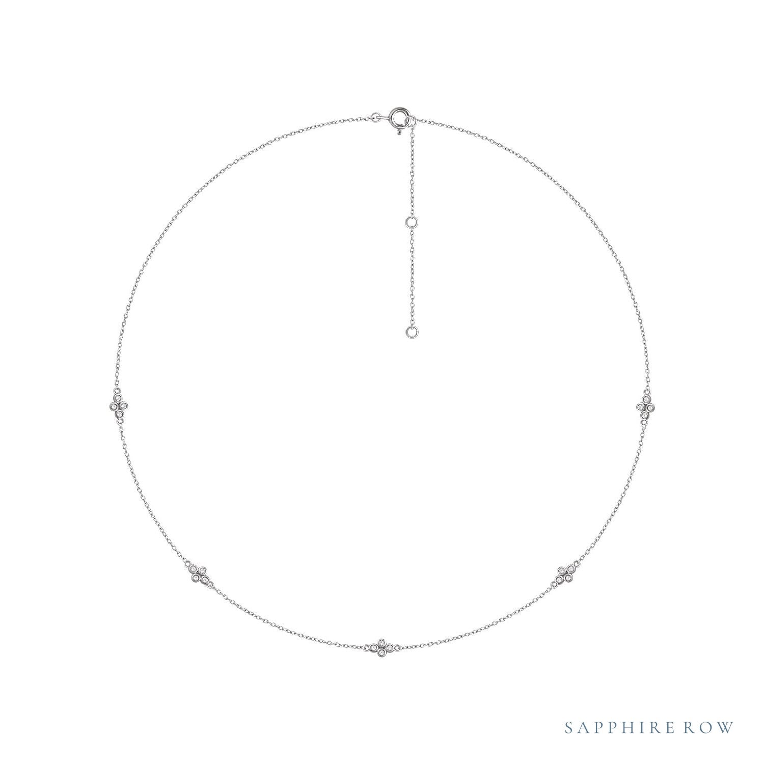 Sapphire Row Natural Diamond Mini Cluster Station Necklace - 14K White Gold