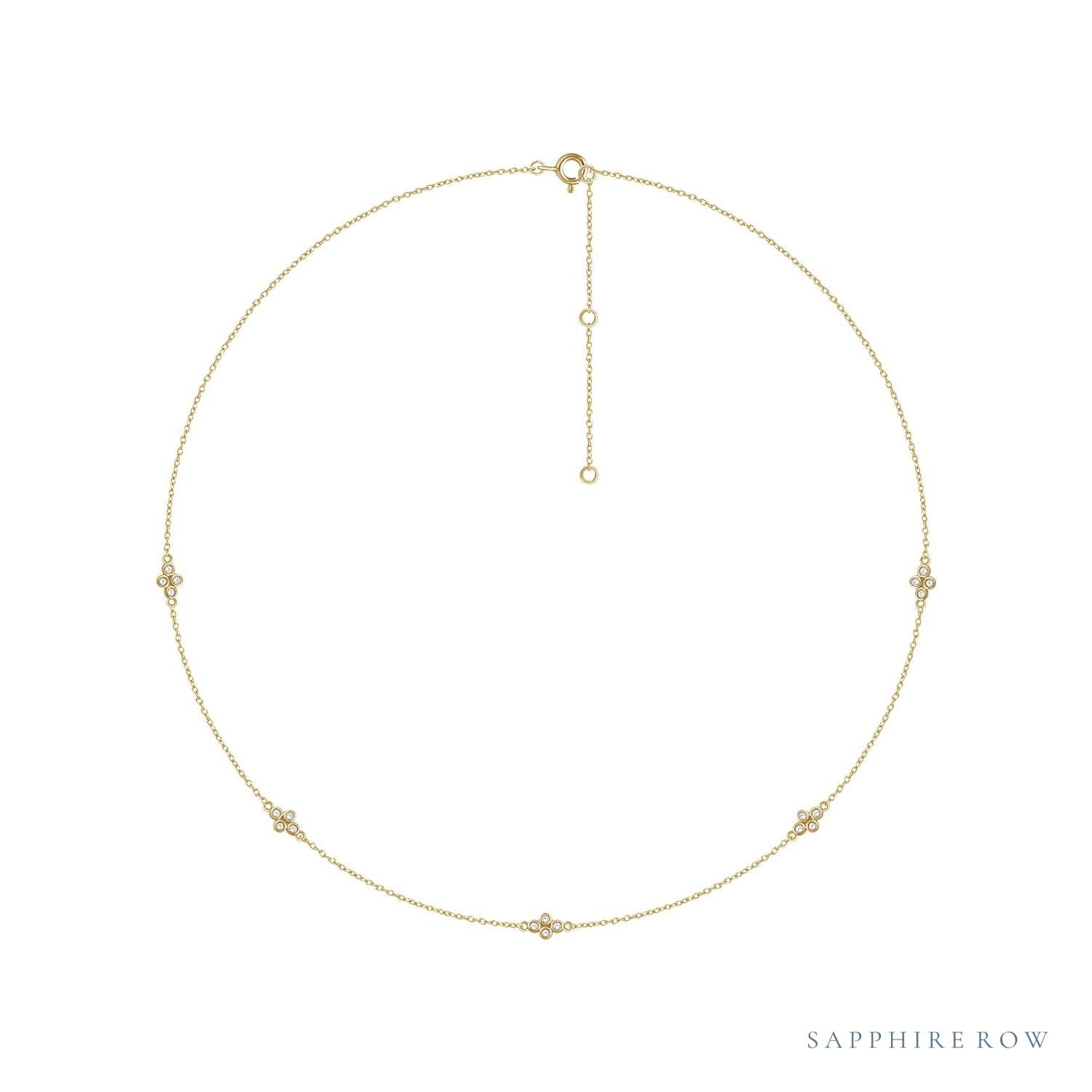 Sapphire Row Natural Diamond Mini Cluster Station Necklace - 14K Yellow Gold