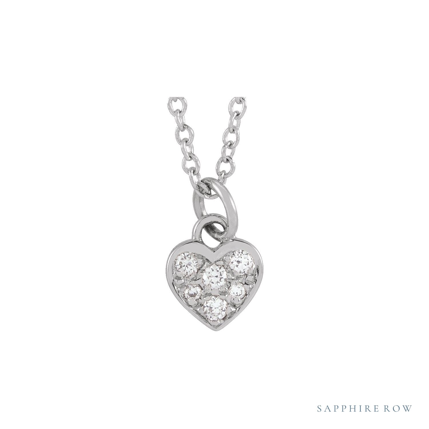 Sapphire Row Natural Diamond Petite Heart Necklace - 14K White Gold