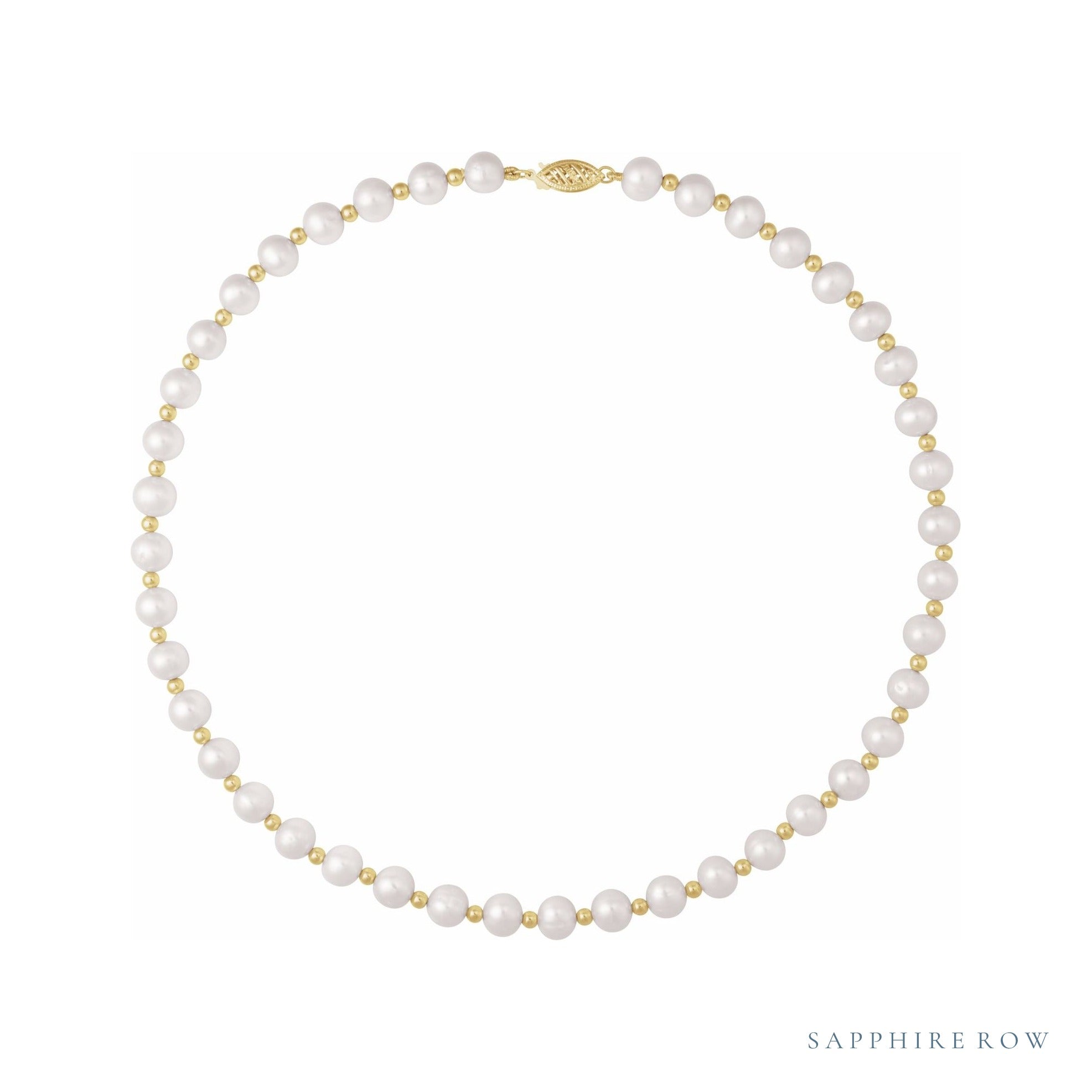 Sapphire Row Cultured Pearl & Gold Bead Necklace - 14K Yellow Gold