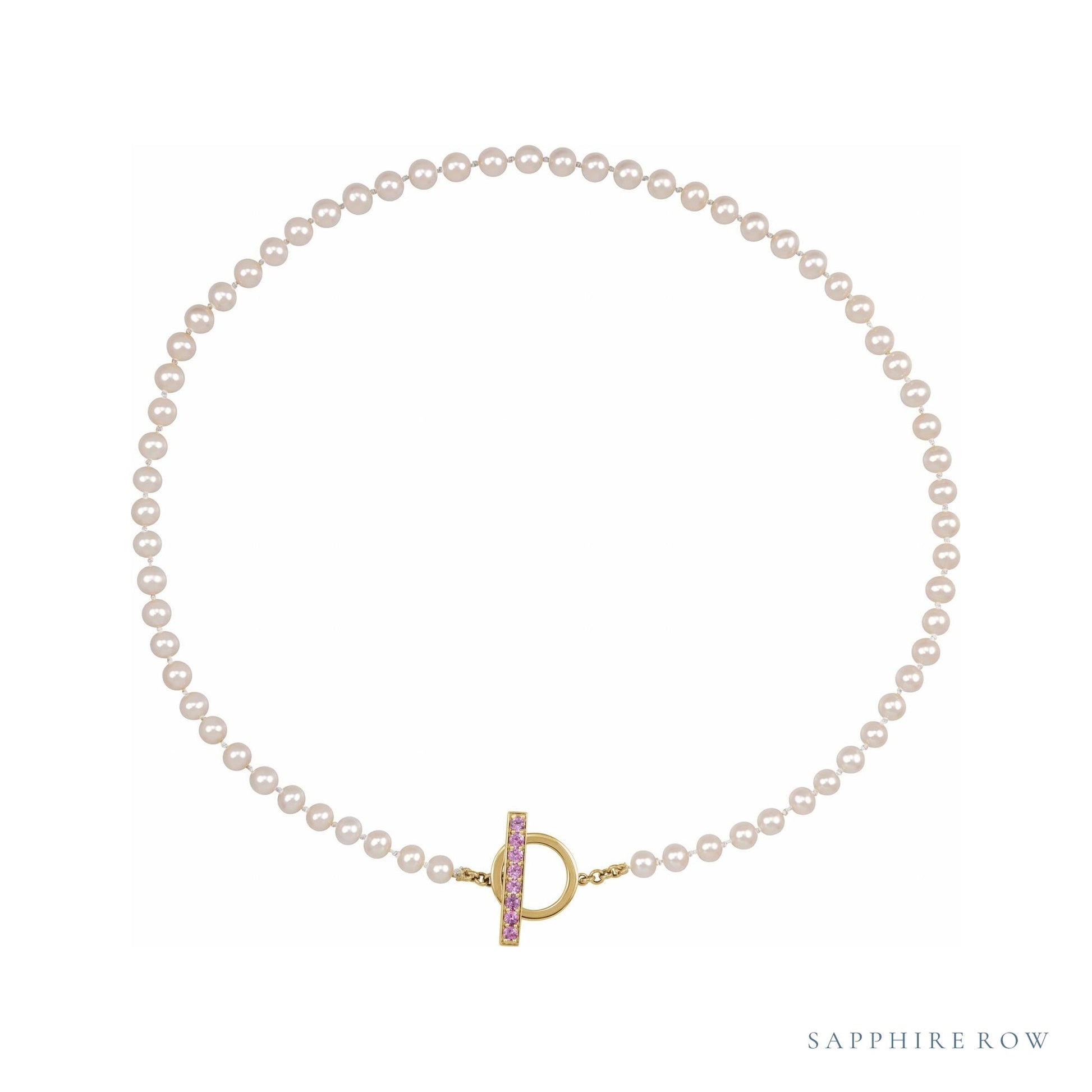 Sapphire Row Pearl Necklace with Pink Sapphire Toggle - 14K Yellow Gold