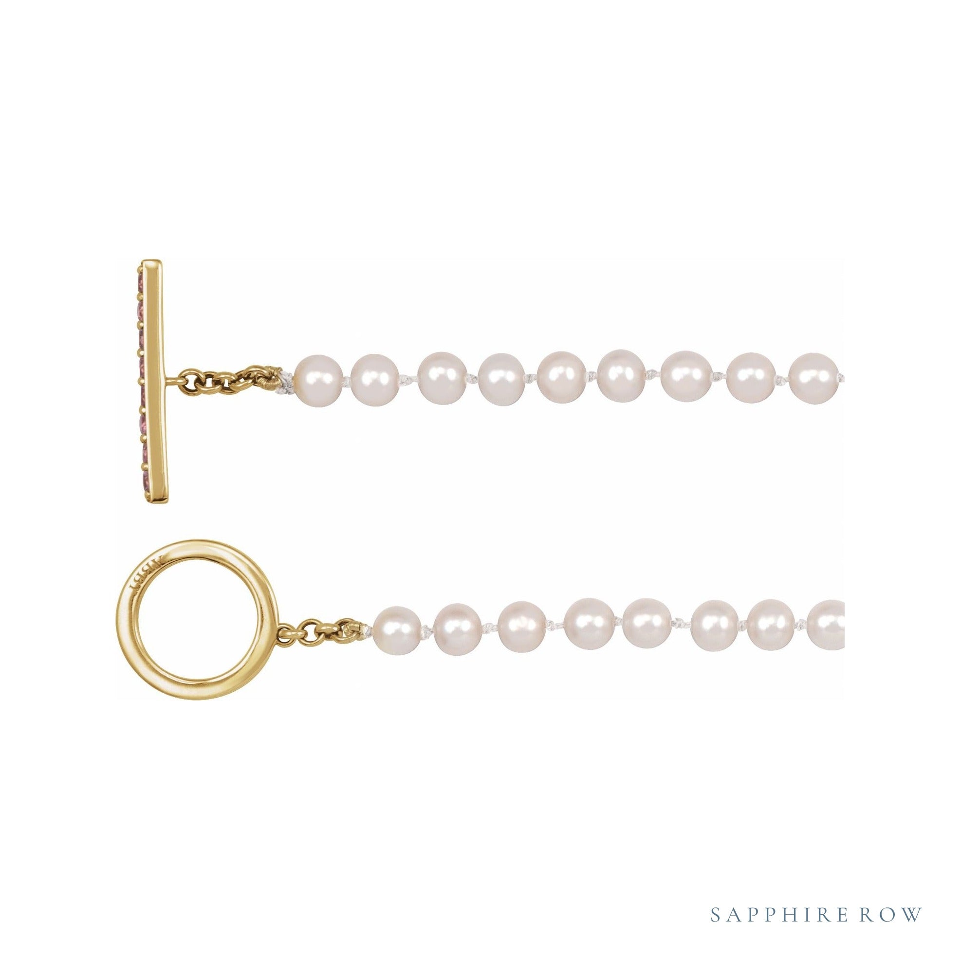 Sapphire Row Pearl Necklace with Pink Sapphire Toggle - 14K Yellow Gold (view 2)