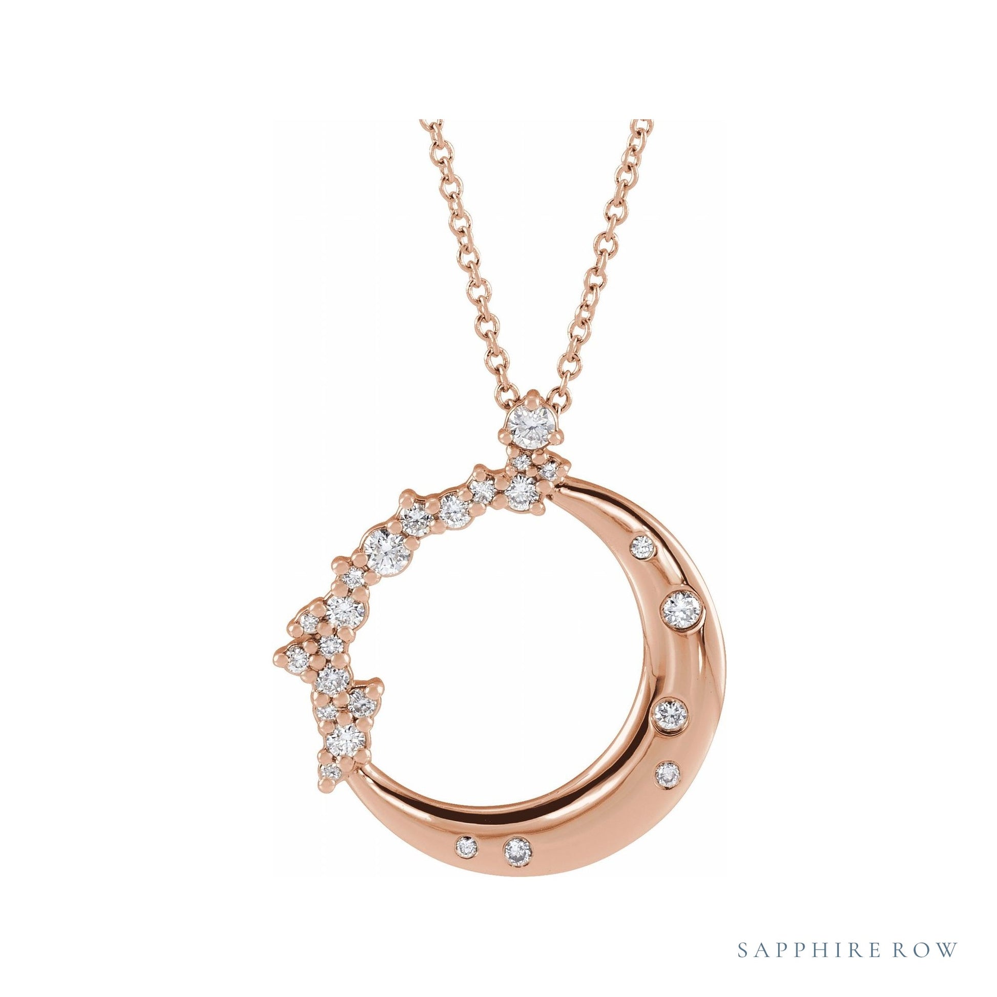 Sapphire Row Natural Diamond Crescent Moon Necklace - 14K Rose Gold