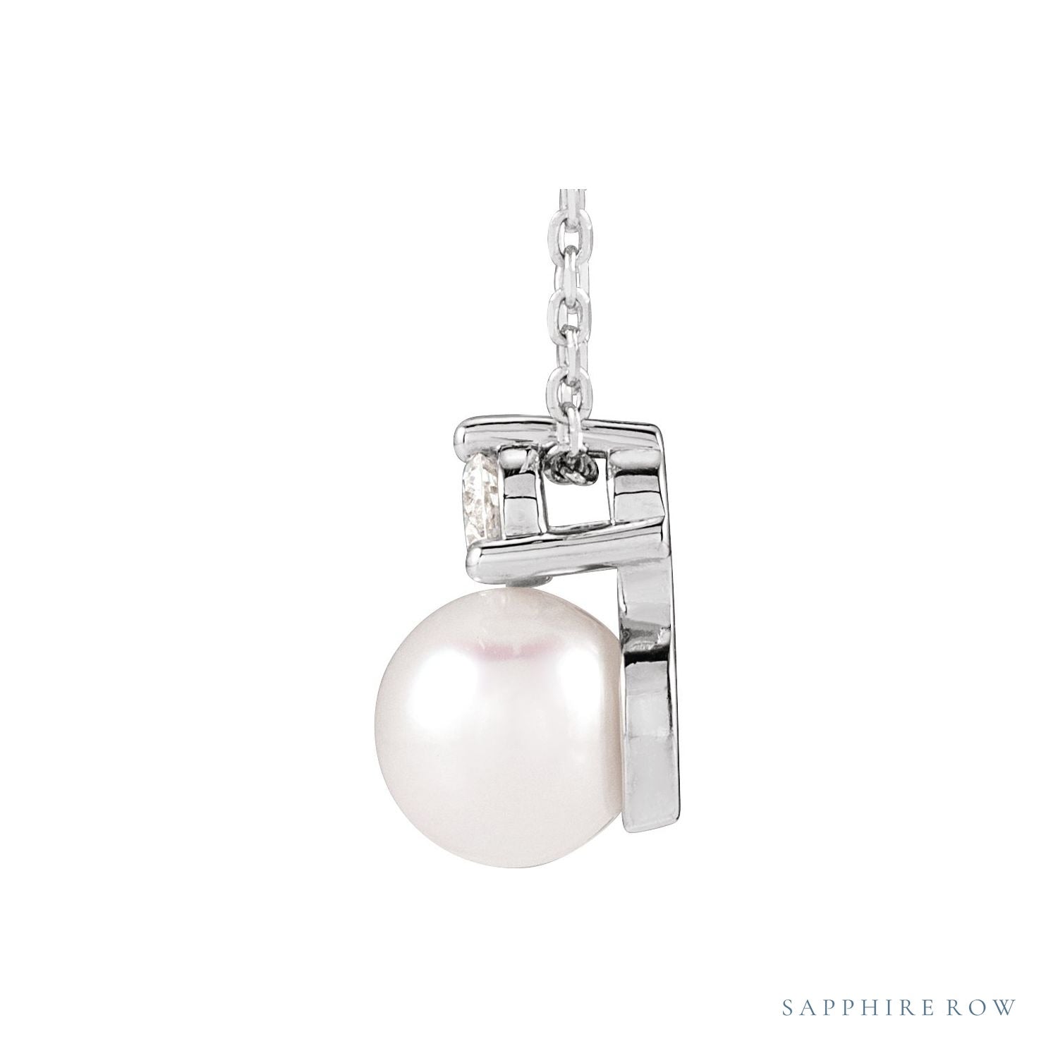 Sapphire Row Accented Pearl Drop Necklace - 14K White Gold (view 2)