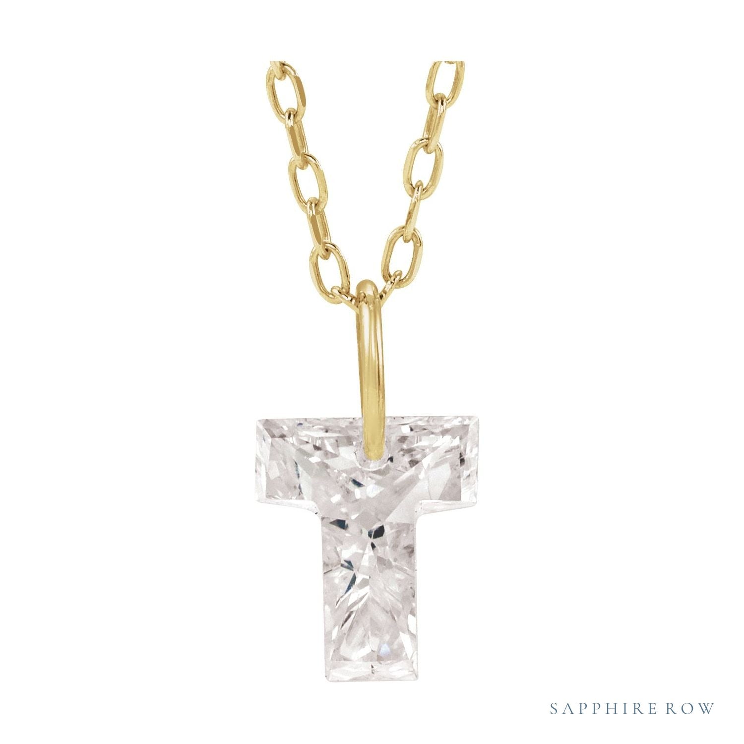 Sapphire Row Lab-Grown Diamond Initial Necklace - T, 14K Yellow Gold
