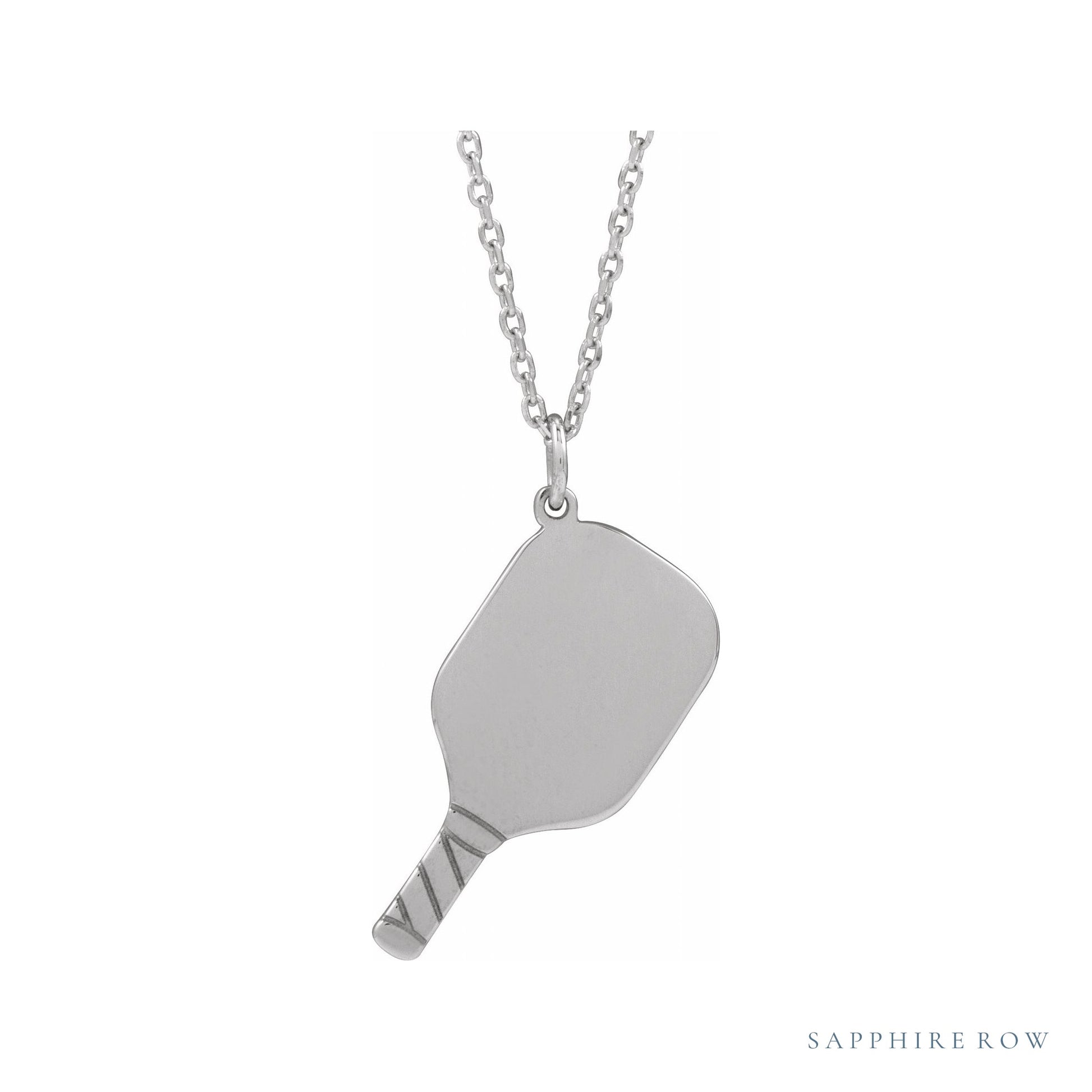 Sapphire Row Engravable Pickleball Paddle Necklace - 14K White Gold