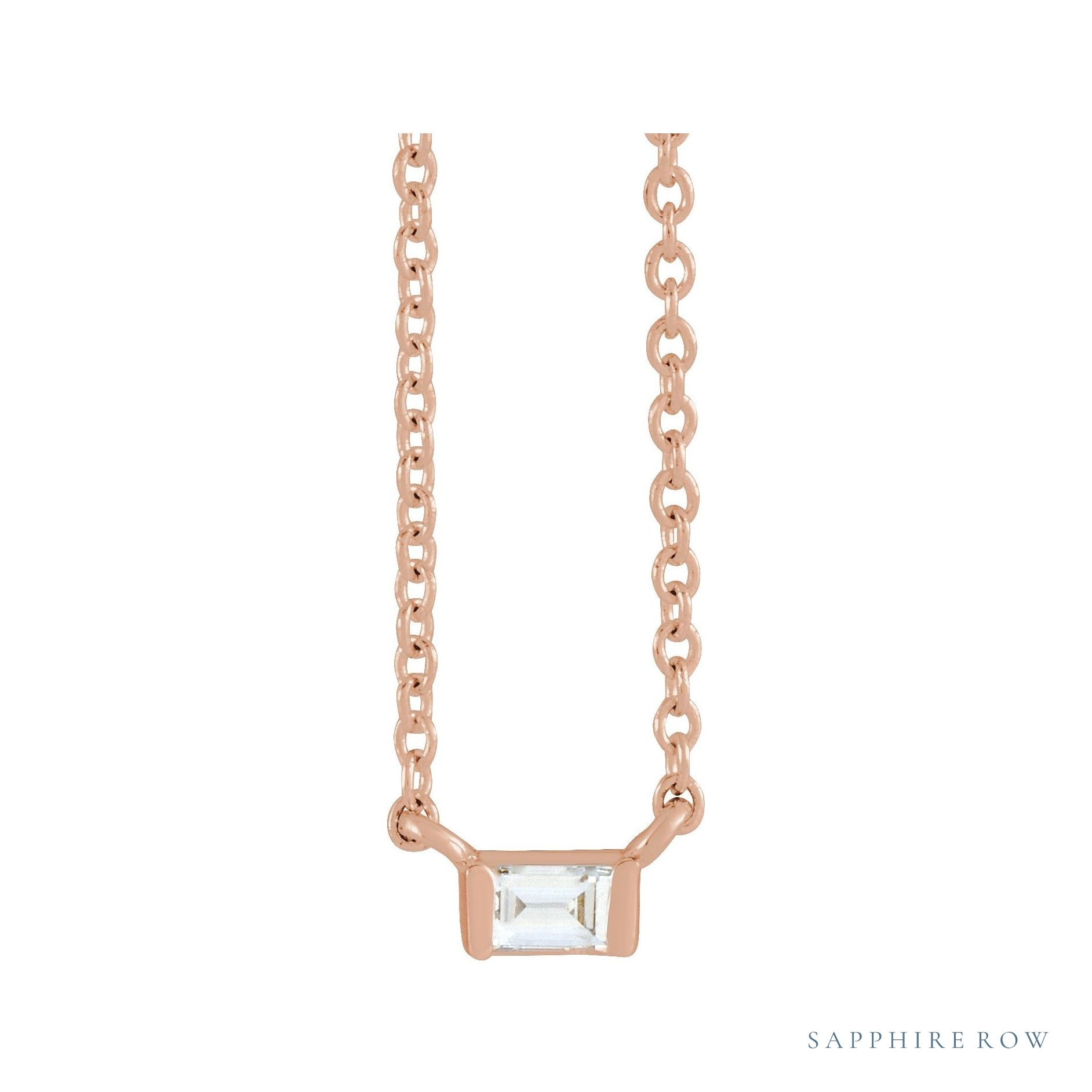 Sapphire Row Natural Diamond Baguette Solitaire Necklace - 14K Rose Gold, 3 × 2 mm