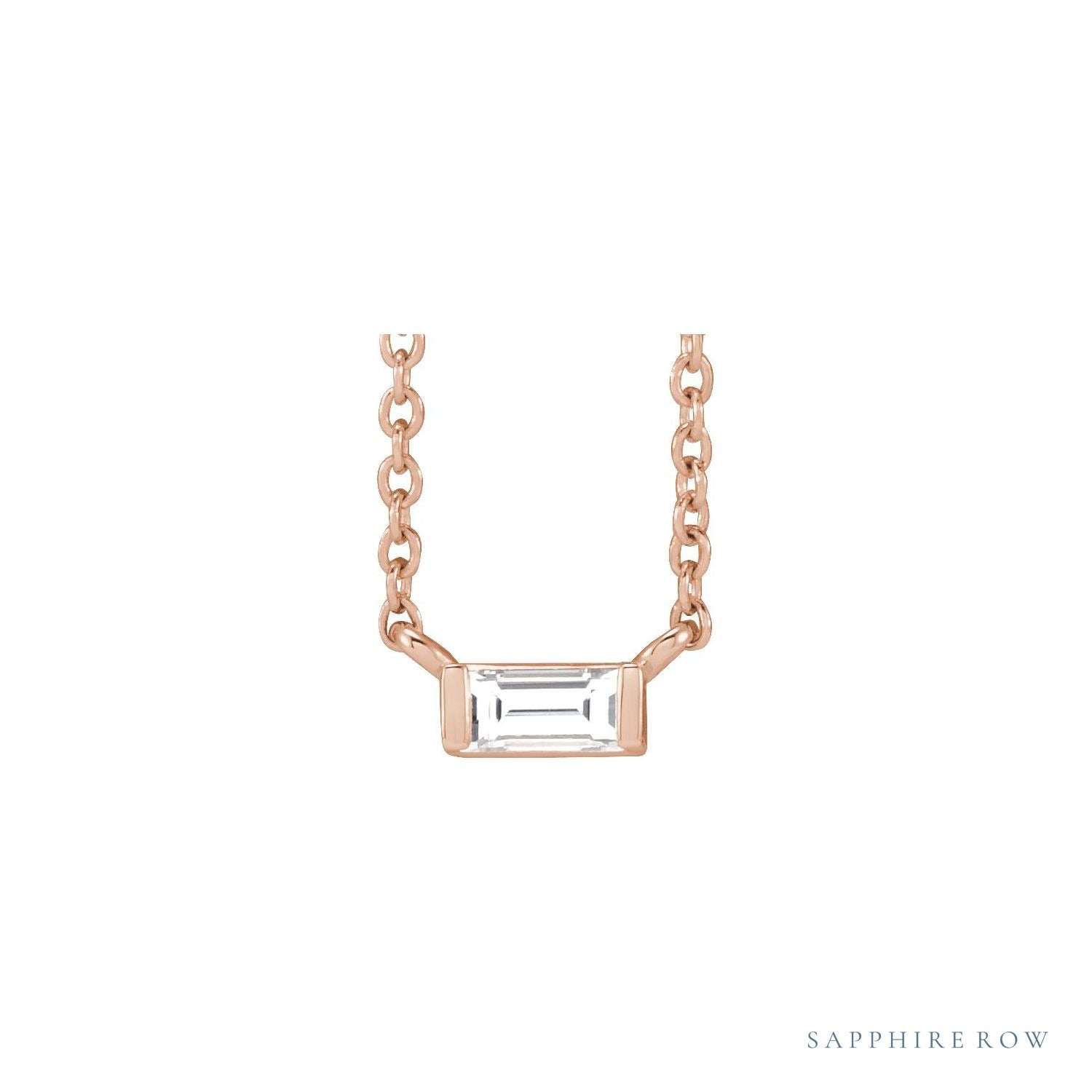 Sapphire Row Natural Diamond Baguette Solitaire Necklace - 14K Rose Gold, 4 × 2 mm