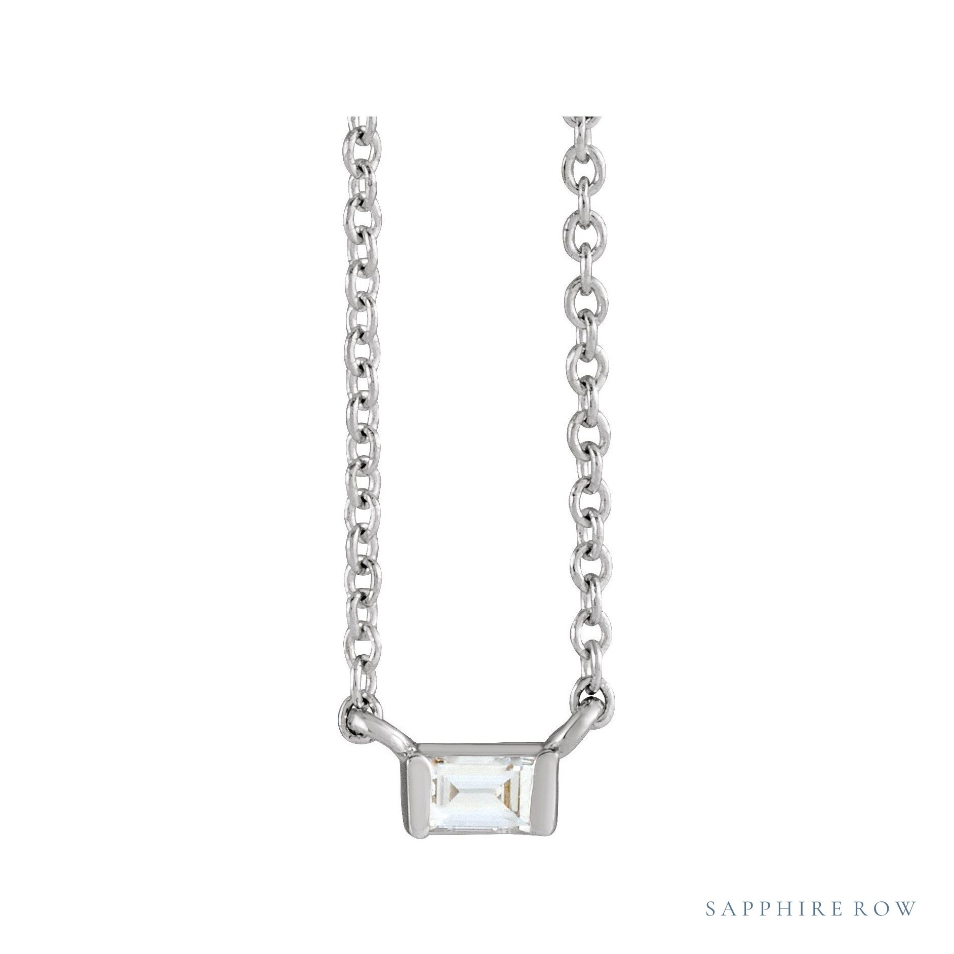 Sapphire Row Natural Diamond Baguette Solitaire Necklace - 14K White Gold, 3 × 2 mm