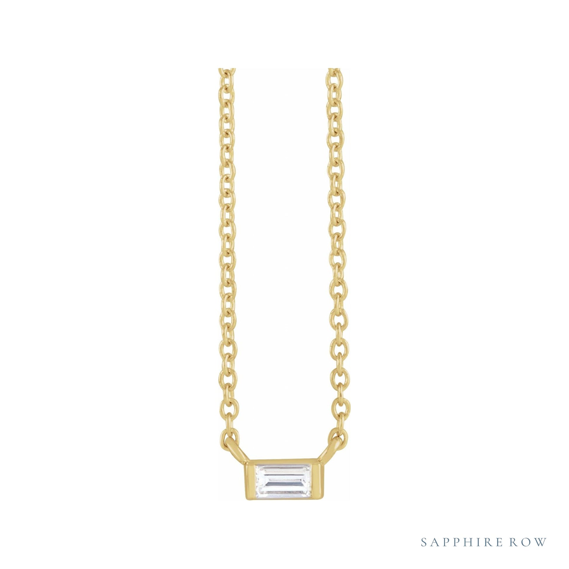 Sapphire Row Natural Diamond Baguette Solitaire Necklace - 14K Yellow Gold, 3.5 × 2 mm