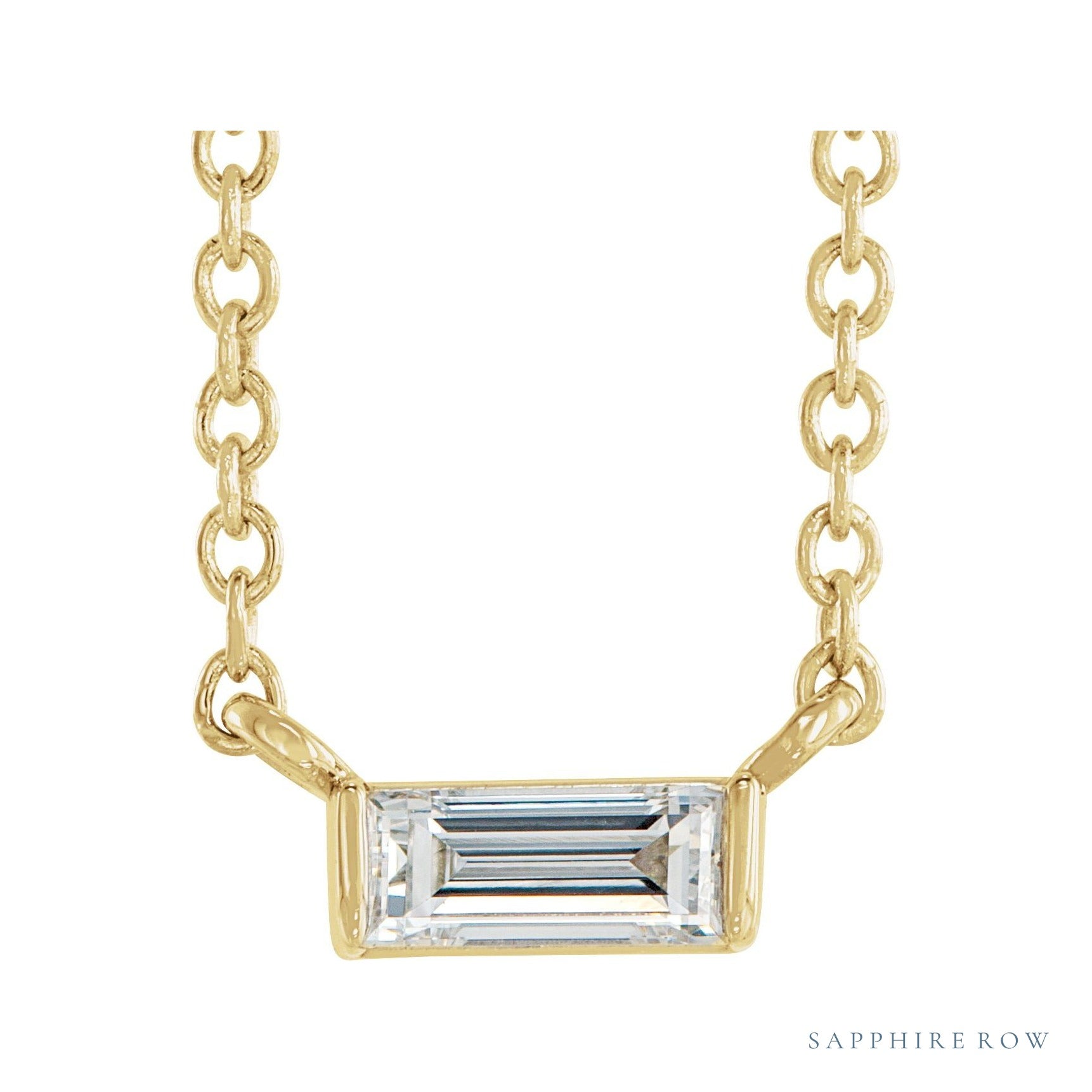Sapphire Row Natural Diamond Baguette Solitaire Necklace - 14K Yellow Gold, 4.5 × 2 mm