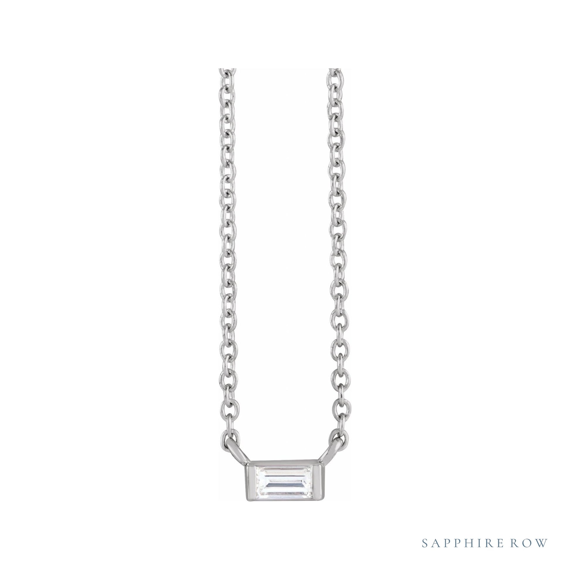 Sapphire Row Natural Diamond Baguette Solitaire Necklace - 14K White Gold, 3.5 × 2 mm