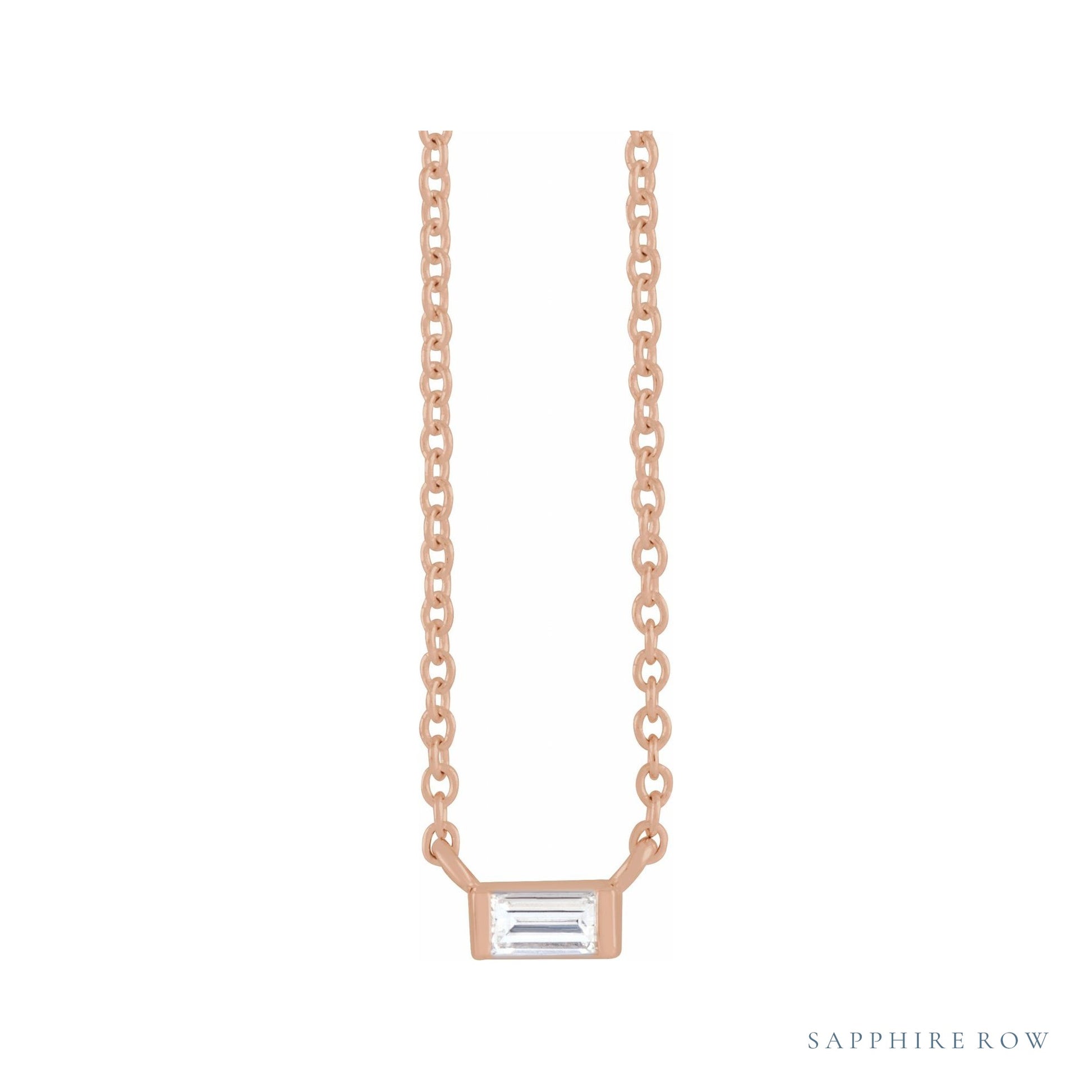 Sapphire Row Natural Diamond Baguette Solitaire Necklace - 14K Rose Gold, 3.5 × 2 mm