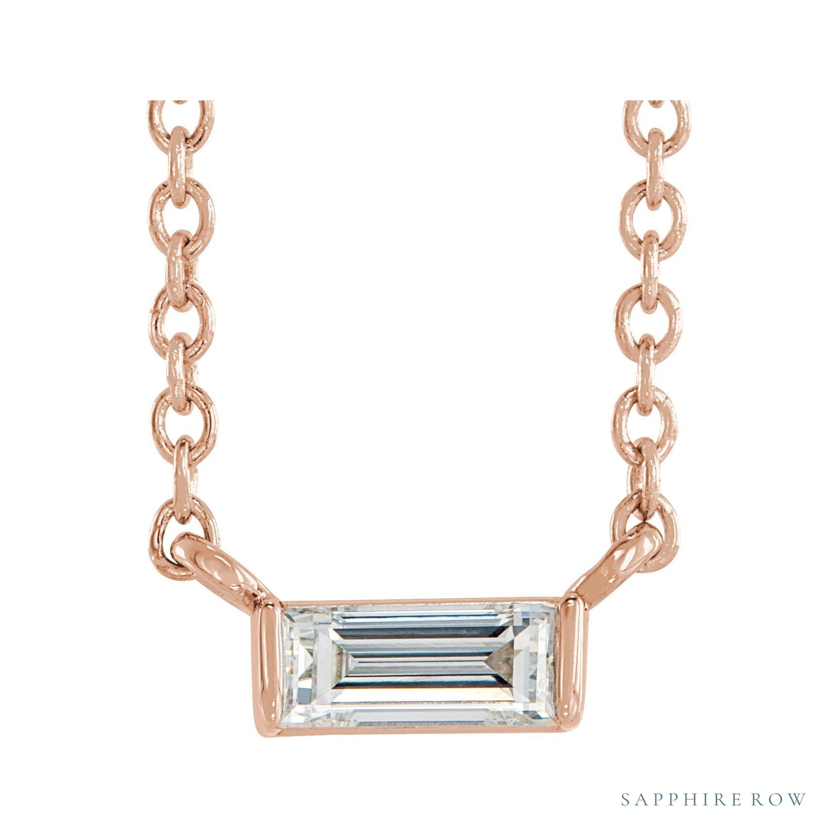 Sapphire Row Natural Diamond Baguette Solitaire Necklace - 14K Rose Gold, 4.5 × 2 mm