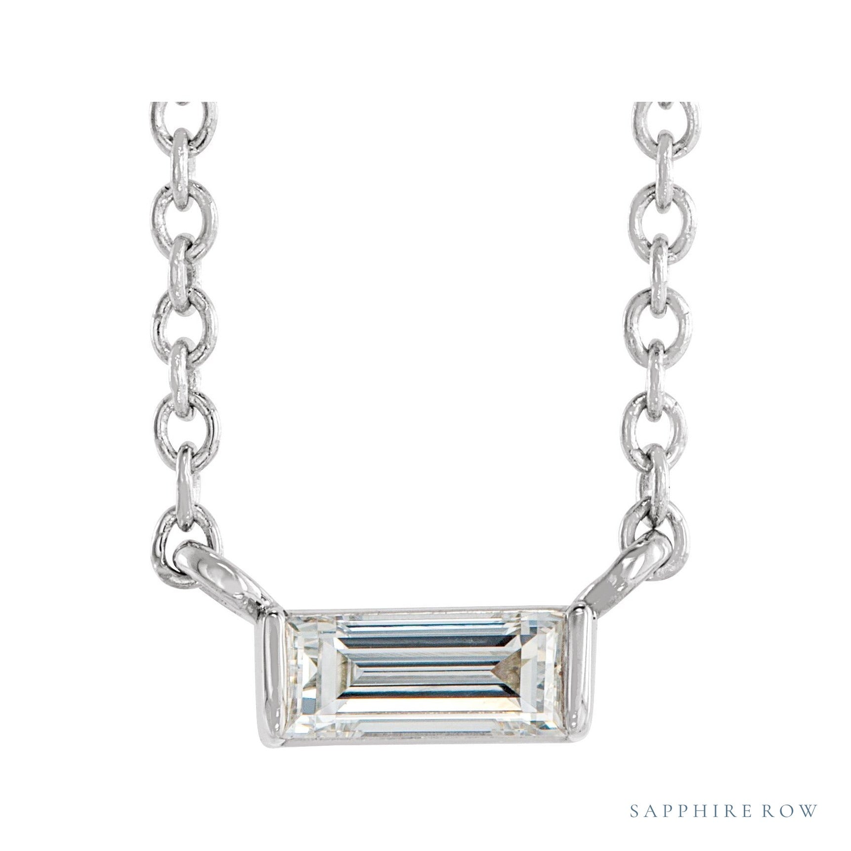 Sapphire Row Natural Diamond Baguette Solitaire Necklace - Platinum, 4.5 × 2 mm