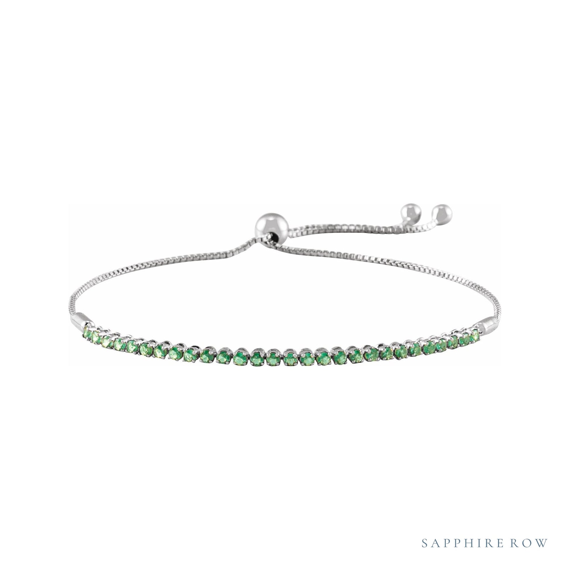 Sapphire Row Natural Gemstone Bar Bolo Bracelet - Emerald, 14K White Gold