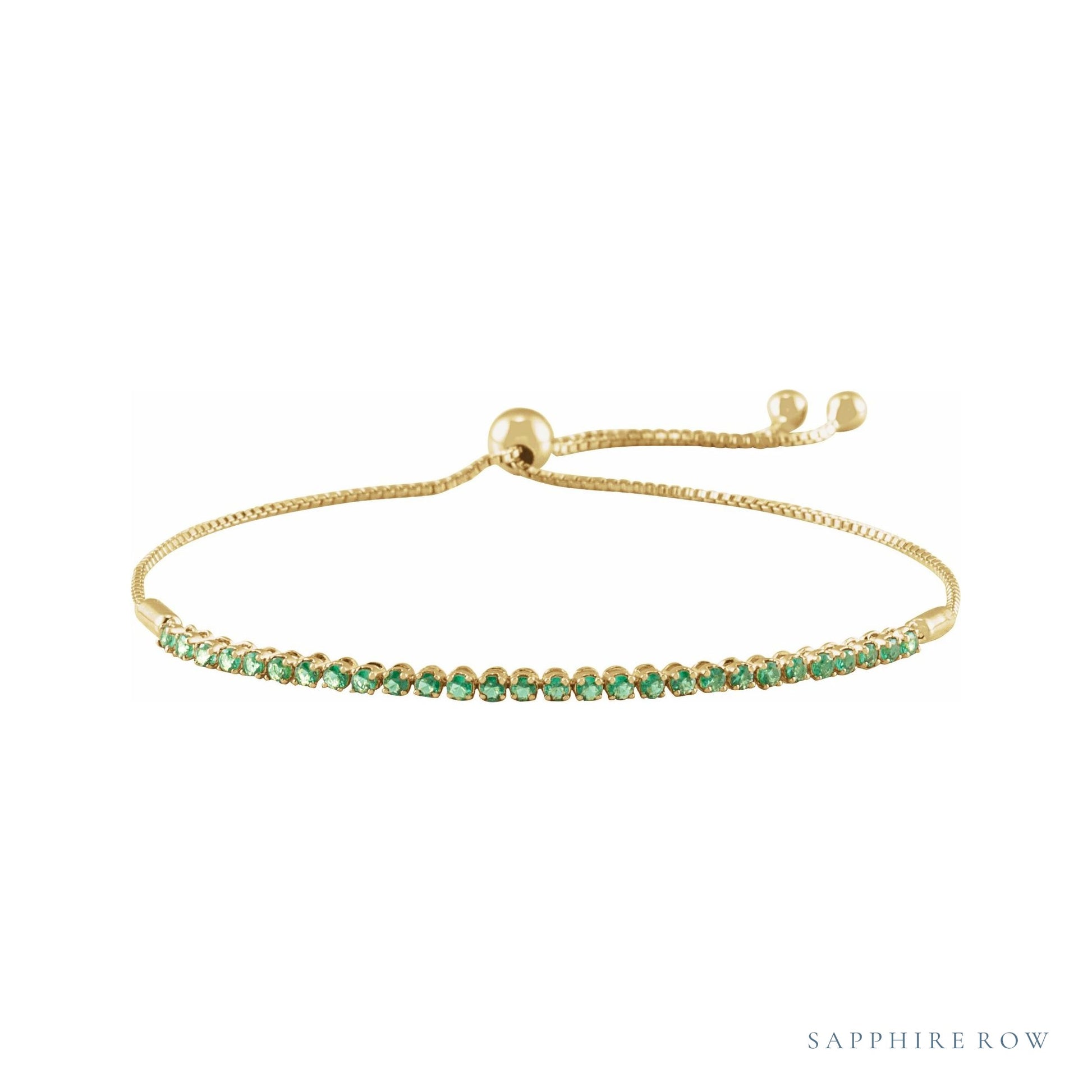 Sapphire Row Natural Gemstone Bar Bolo Bracelet - Emerald, 14K Yellow Gold
