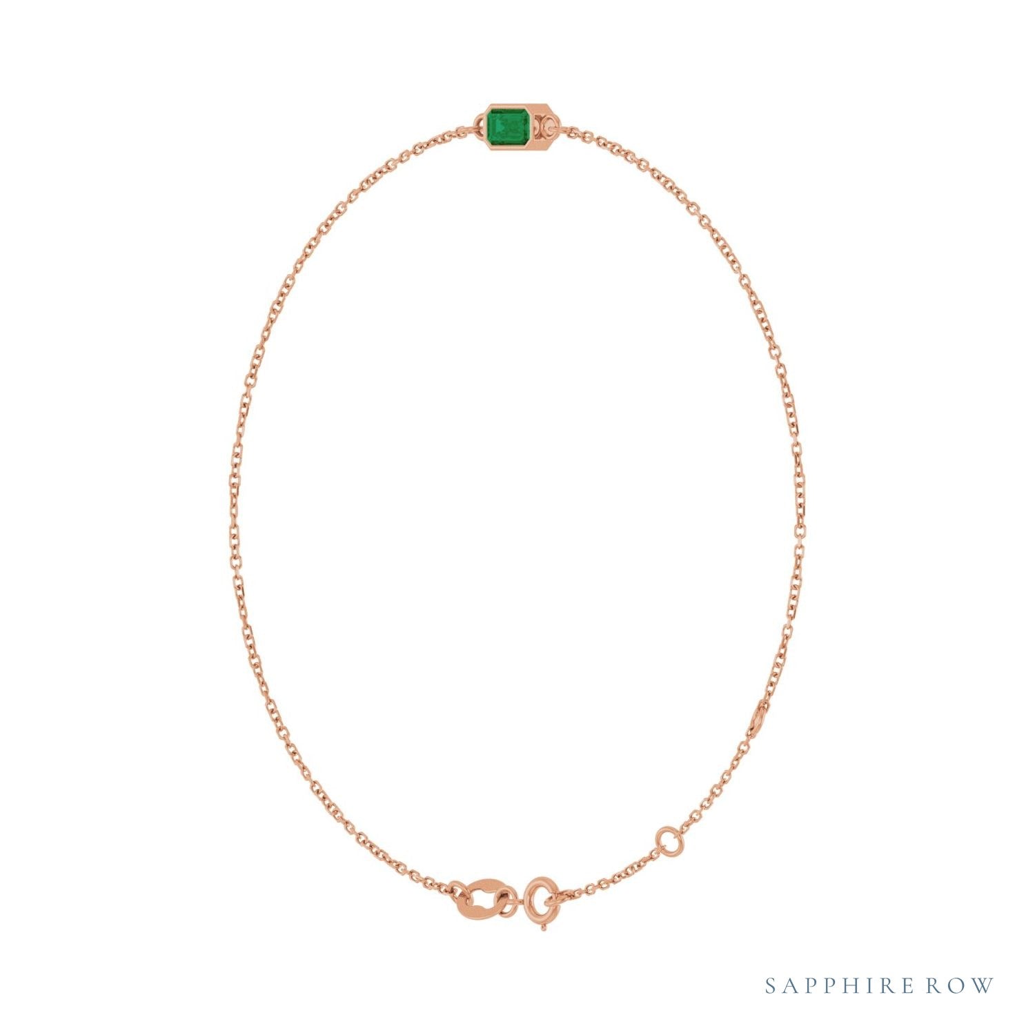 Sapphire Row Natural Bezel-Set Gemstone Solitaire Bracelet - Emerald, 14K Rose Gold (view 2)