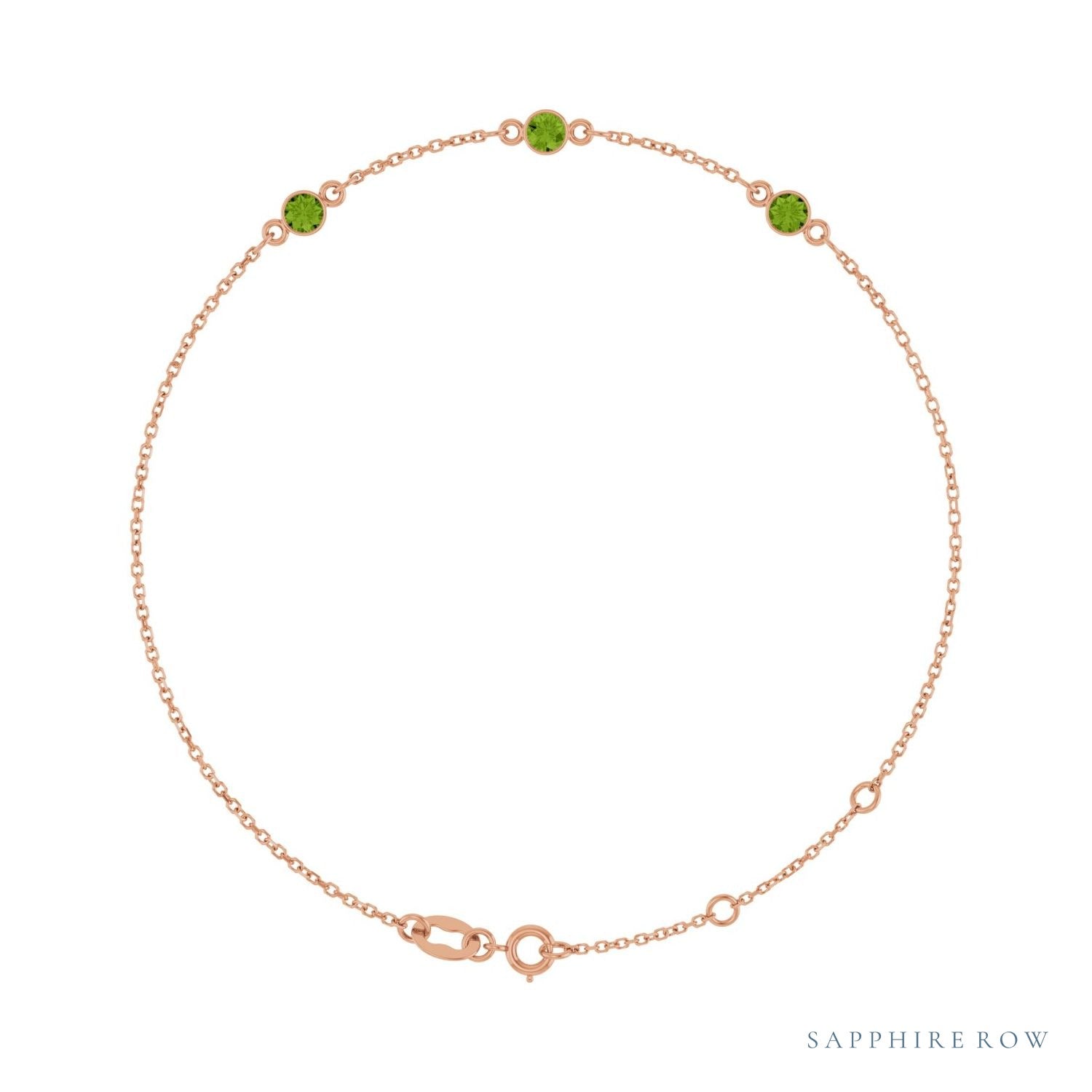 Sapphire Row Natural Bezel-Set Gemstone Solitaire Bracelet - Peridot, 14K Rose Gold