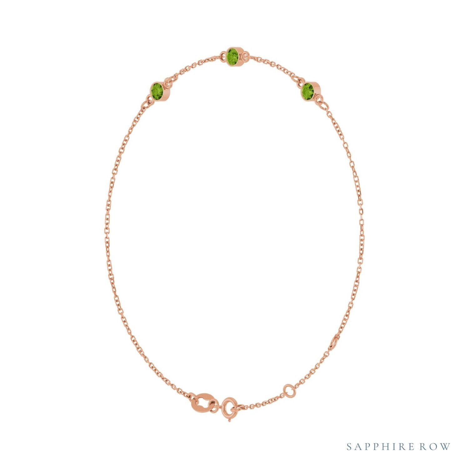 Sapphire Row Natural Bezel-Set Gemstone Solitaire Bracelet - Peridot, 14K Rose Gold (view 2)