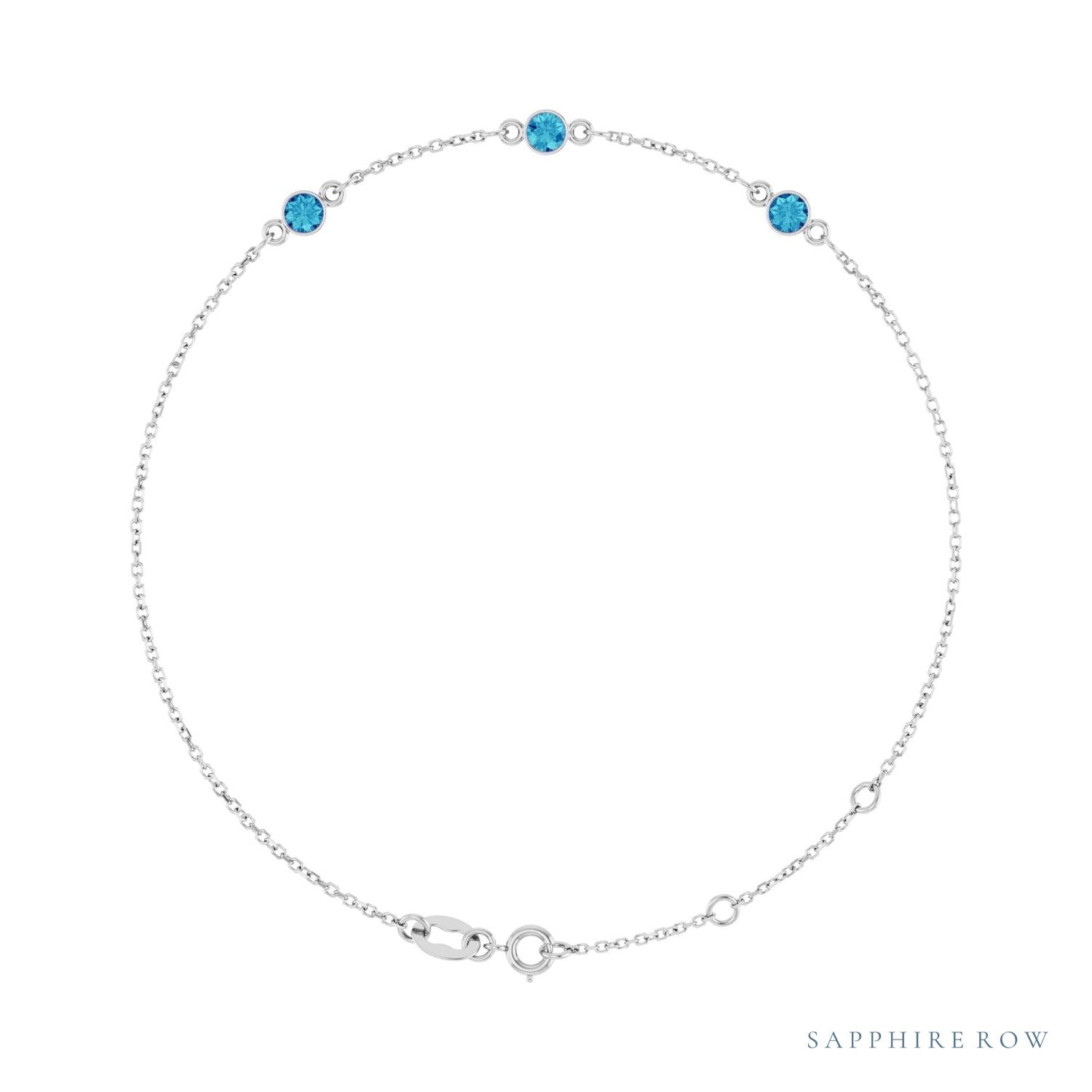 Sapphire Row Natural Bezel-Set Gemstone Solitaire Bracelet - Blue Zircon, 14K White Gold