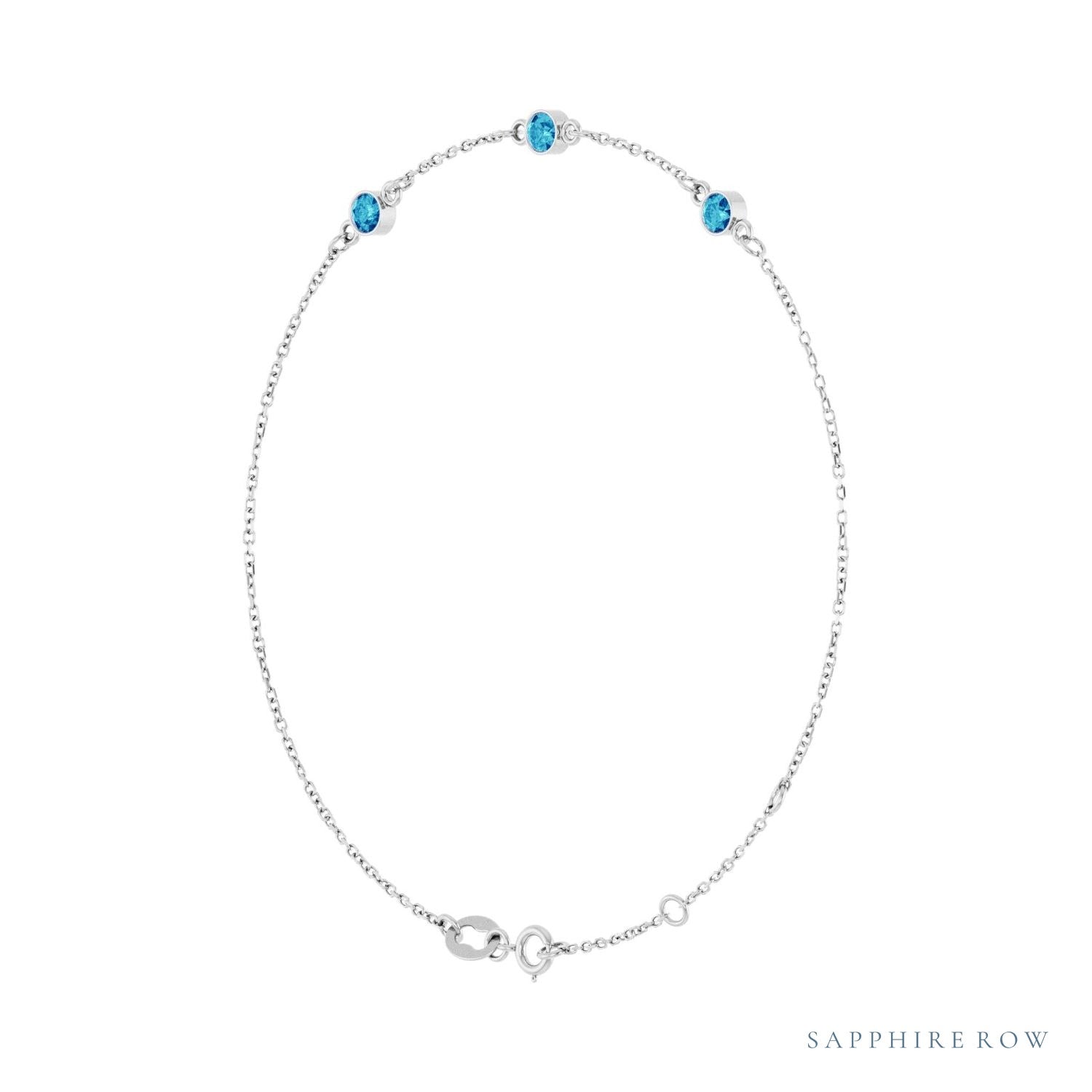 Sapphire Row Natural Bezel-Set Gemstone Solitaire Bracelet - Blue Zircon, 14K White Gold (view 2)