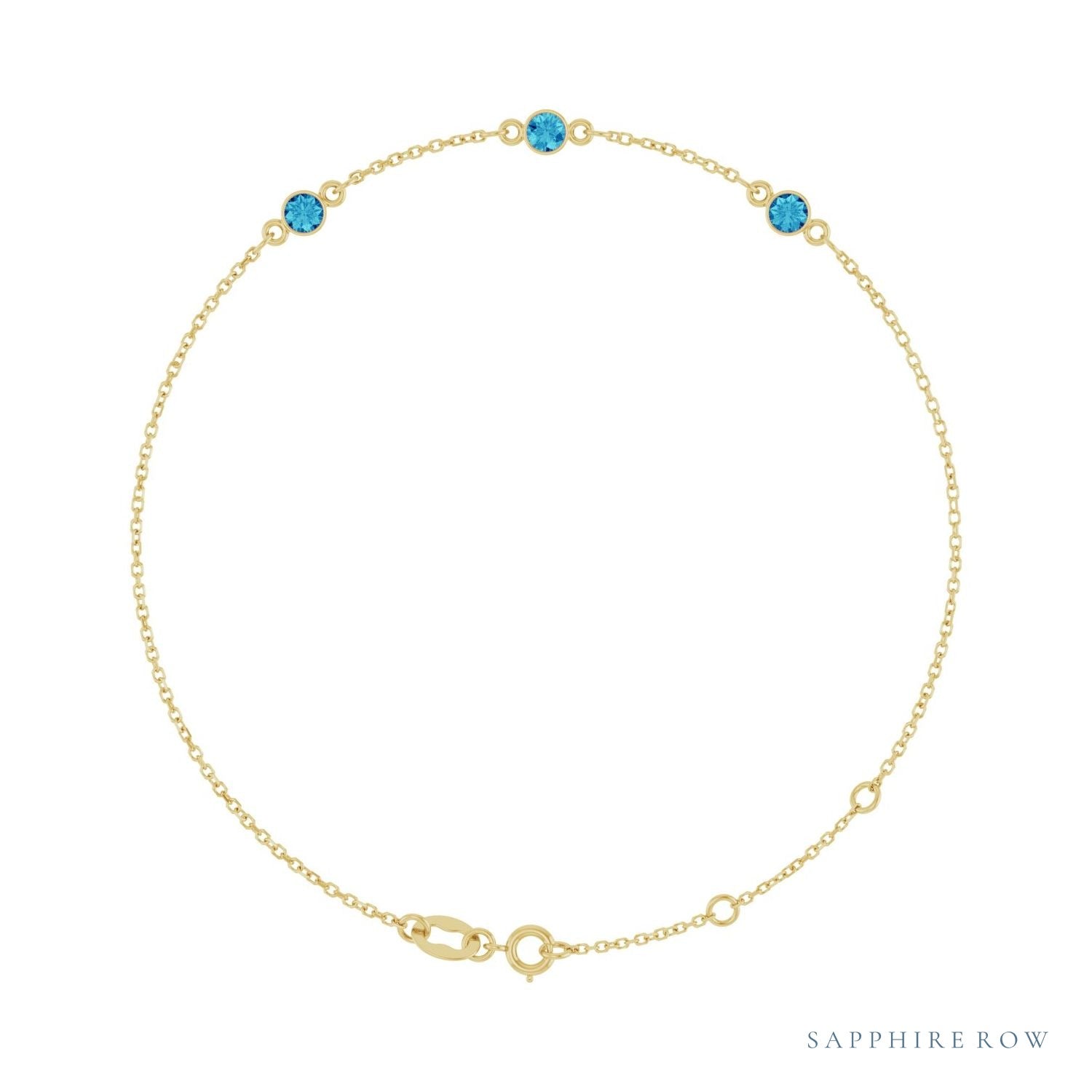 Sapphire Row Natural Bezel-Set Gemstone Solitaire Bracelet - Blue Zircon, 14K Yellow Gold