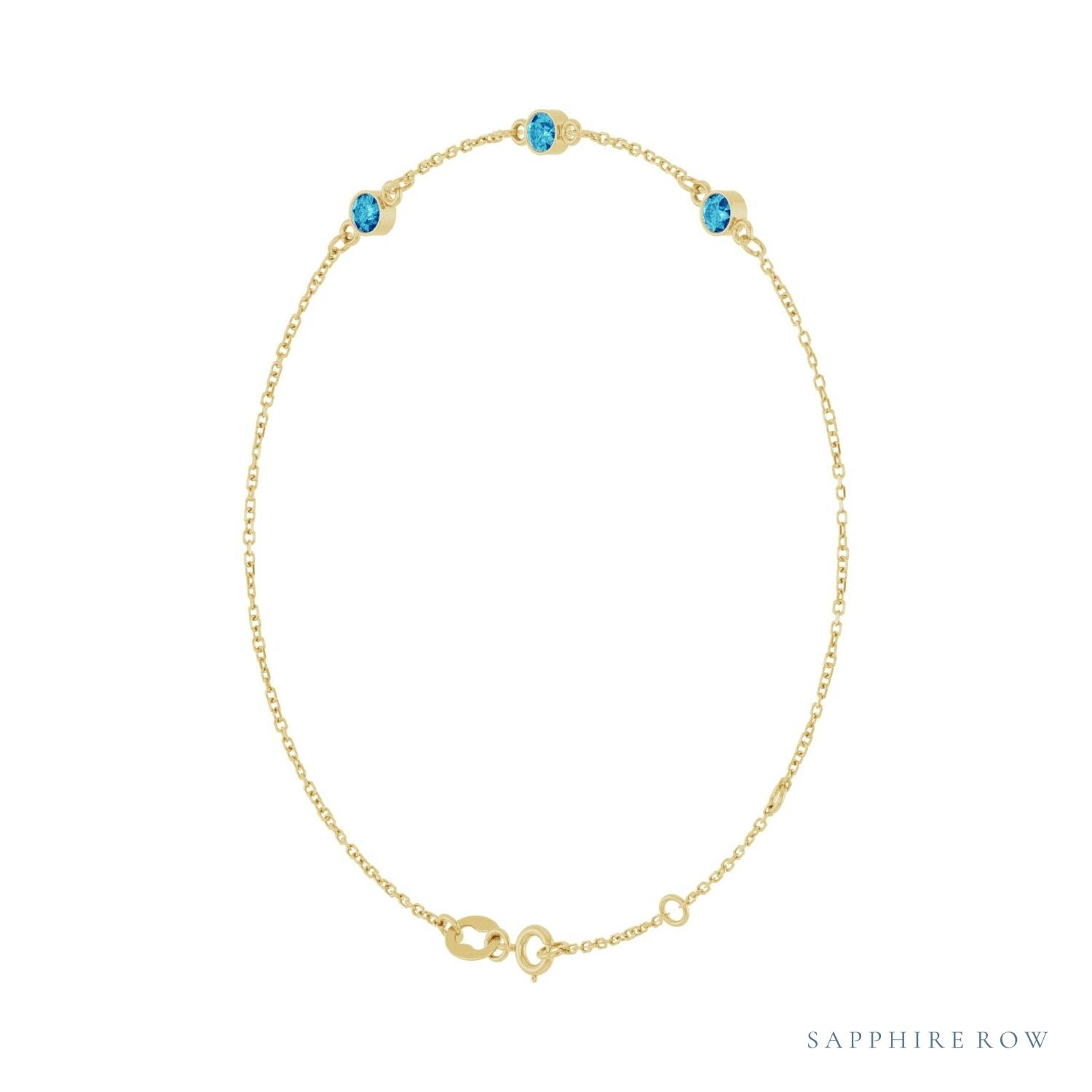 Sapphire Row Natural Bezel-Set Gemstone Solitaire Bracelet - Blue Zircon, 14K Yellow Gold (view 2)
