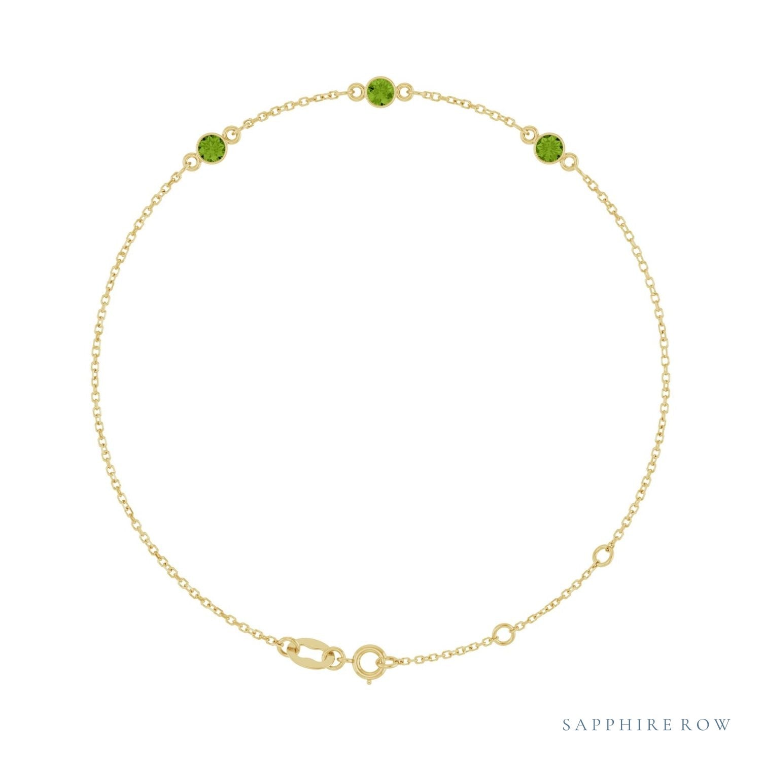Sapphire Row Natural Bezel-Set Gemstone Solitaire Bracelet - Peridot, 14K Yellow Gold