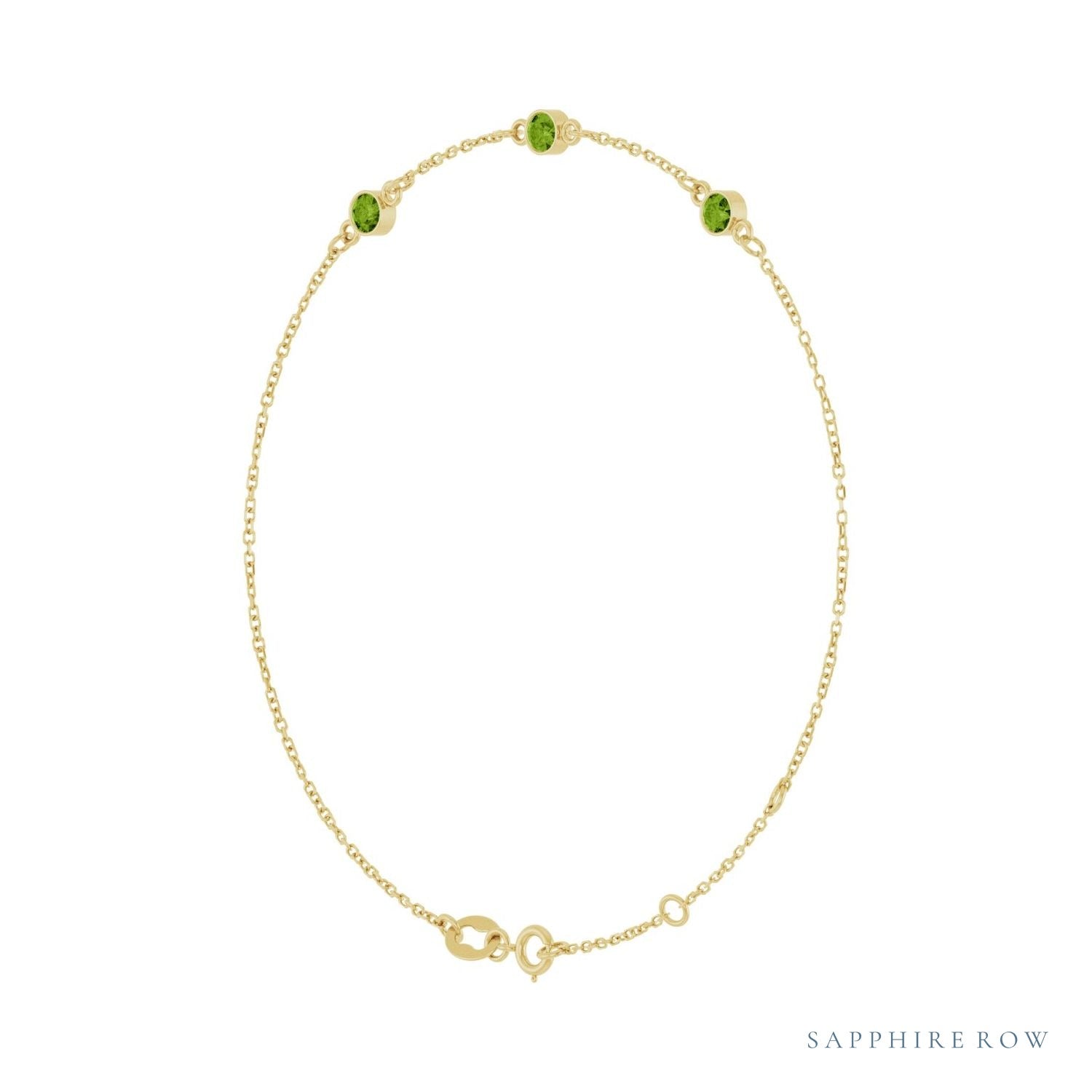 Sapphire Row Natural Bezel-Set Gemstone Solitaire Bracelet - Peridot, 14K Yellow Gold (view 2)