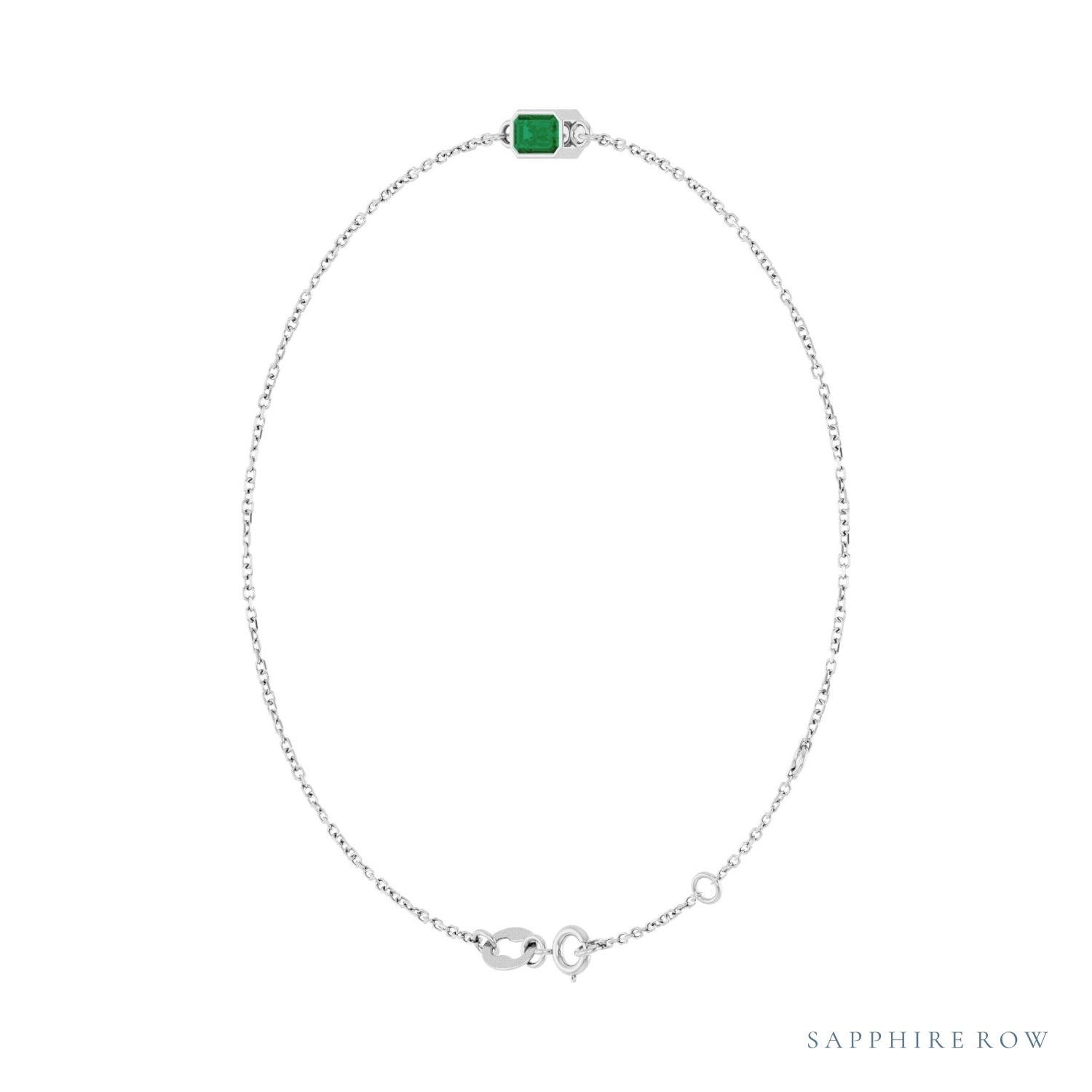 Sapphire Row Natural Bezel-Set Gemstone Solitaire Bracelet - Emerald, 14K White Gold (view 2)