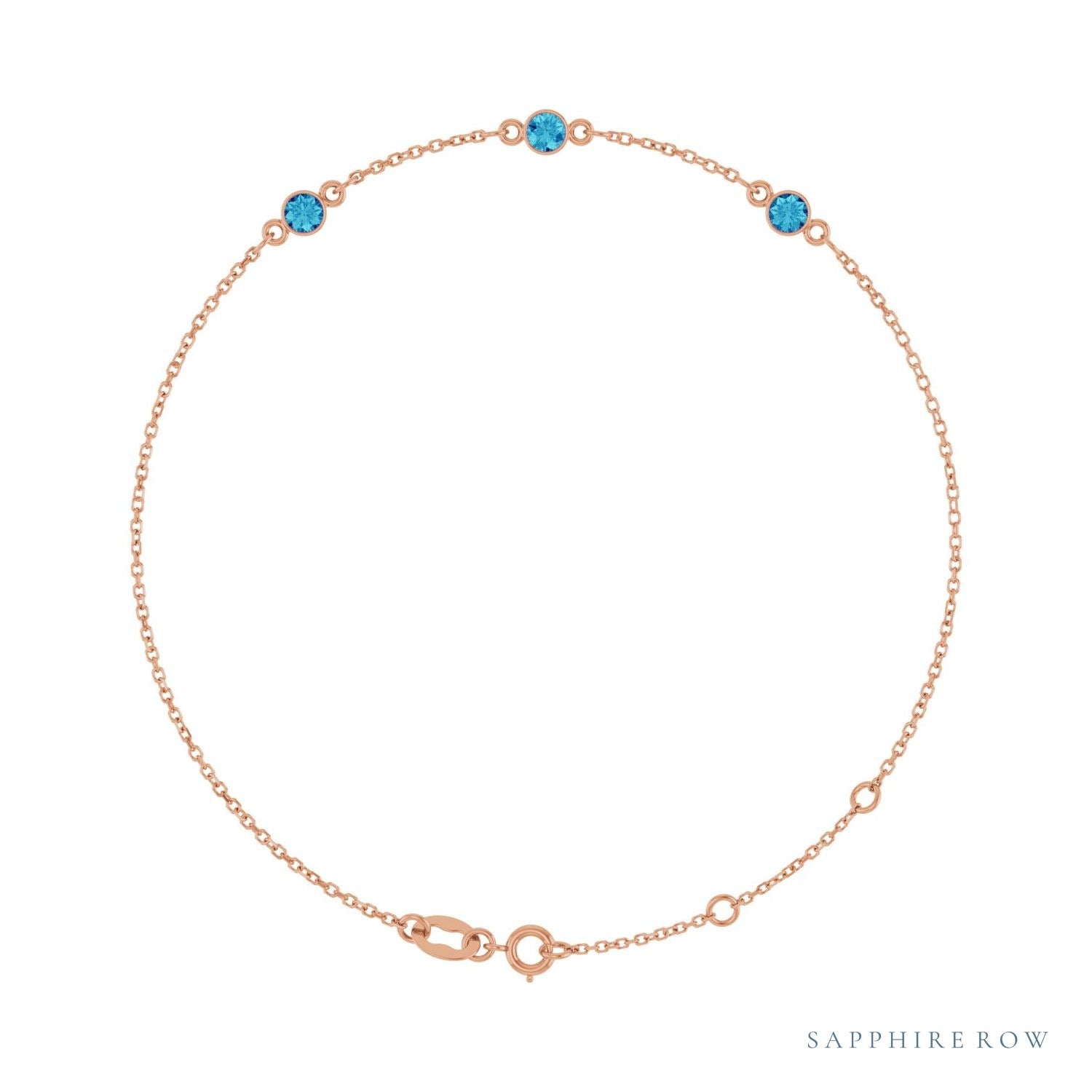 Sapphire Row Natural Bezel-Set Gemstone Solitaire Bracelet - Blue Zircon, 14K Rose Gold