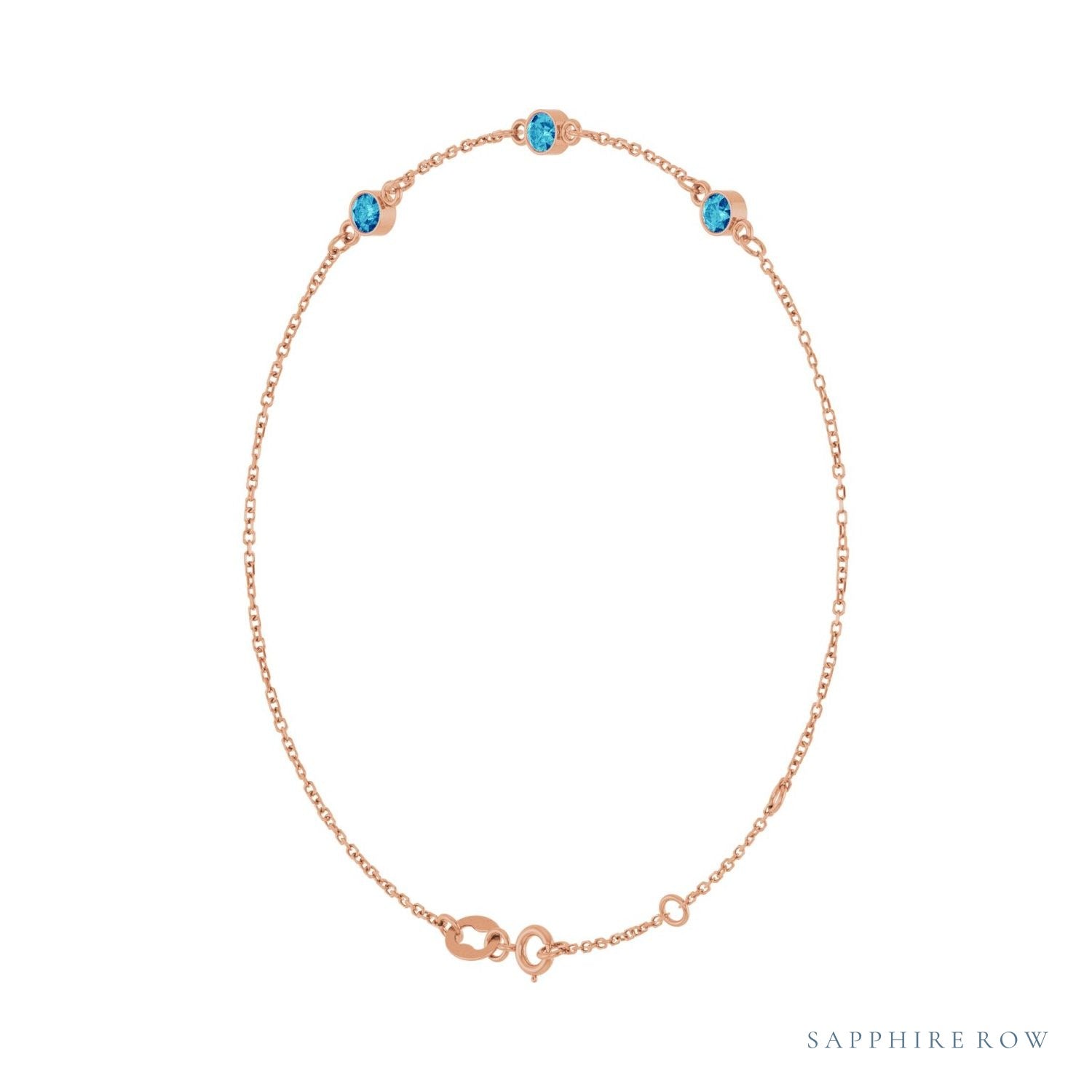 Sapphire Row Natural Bezel-Set Gemstone Solitaire Bracelet - Blue Zircon, 14K Rose Gold (view 2)