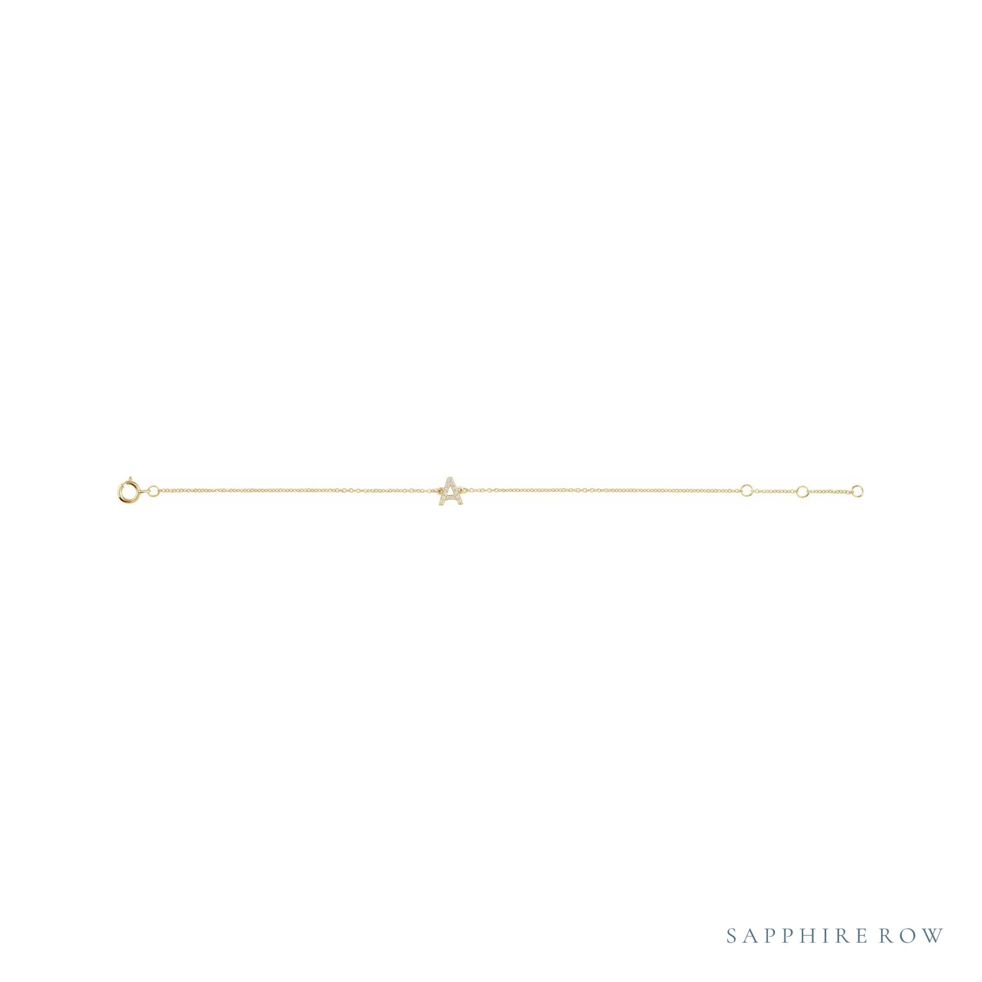 Sapphire Row Natural Diamond Pavé Initial Bracelet - A, 14K Yellow Gold (view 2)