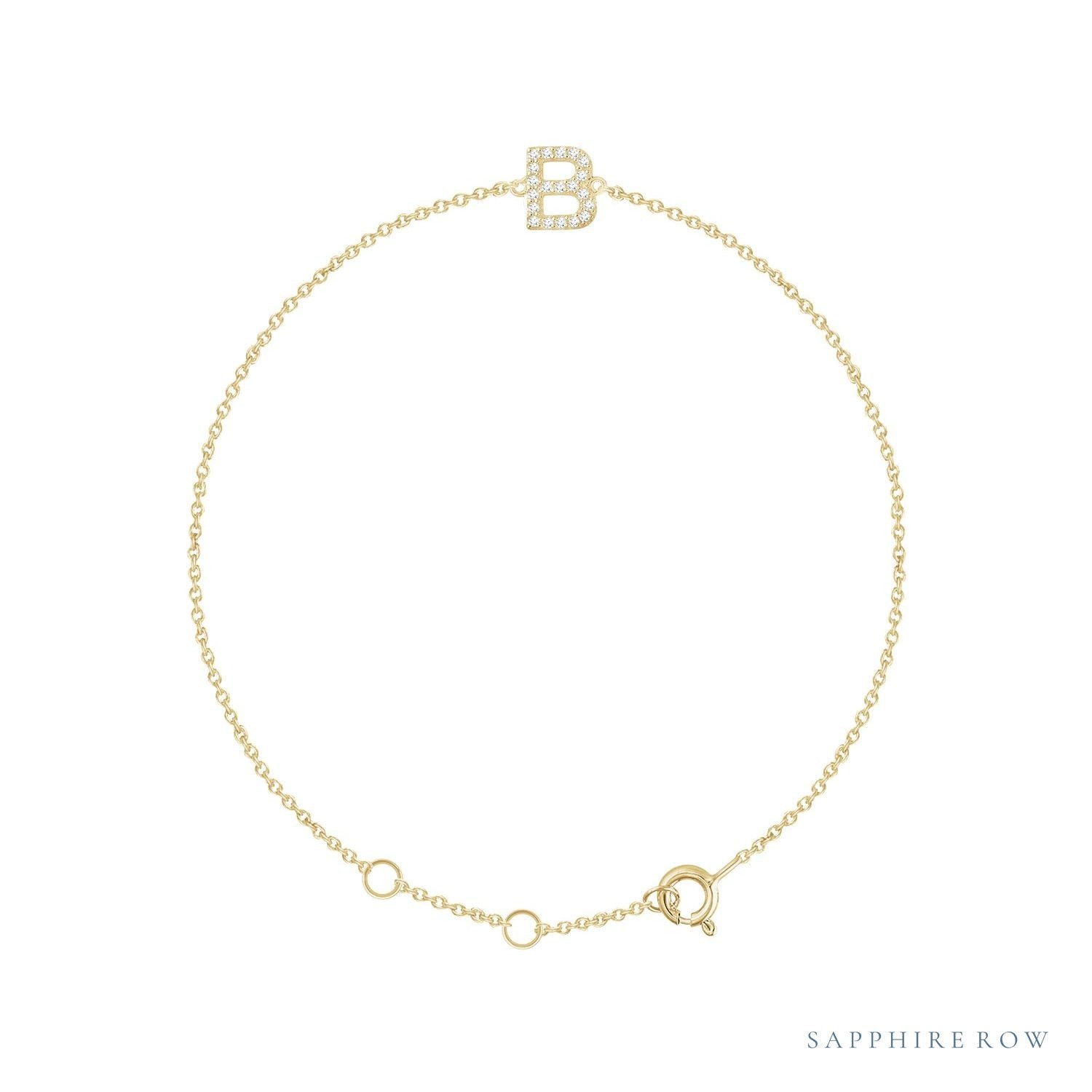 Sapphire Row Natural Diamond Pavé Initial Bracelet - B, 14K Yellow Gold
