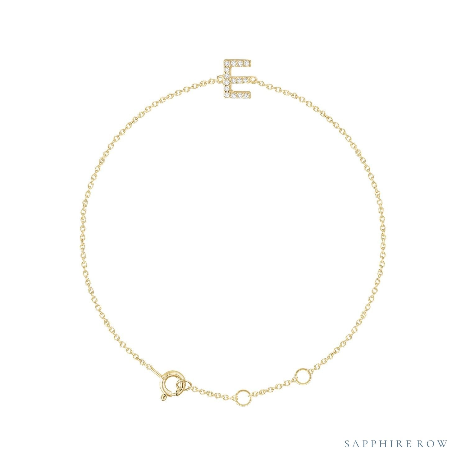 Sapphire Row Natural Diamond Pavé Initial Bracelet - E, 14K Yellow Gold