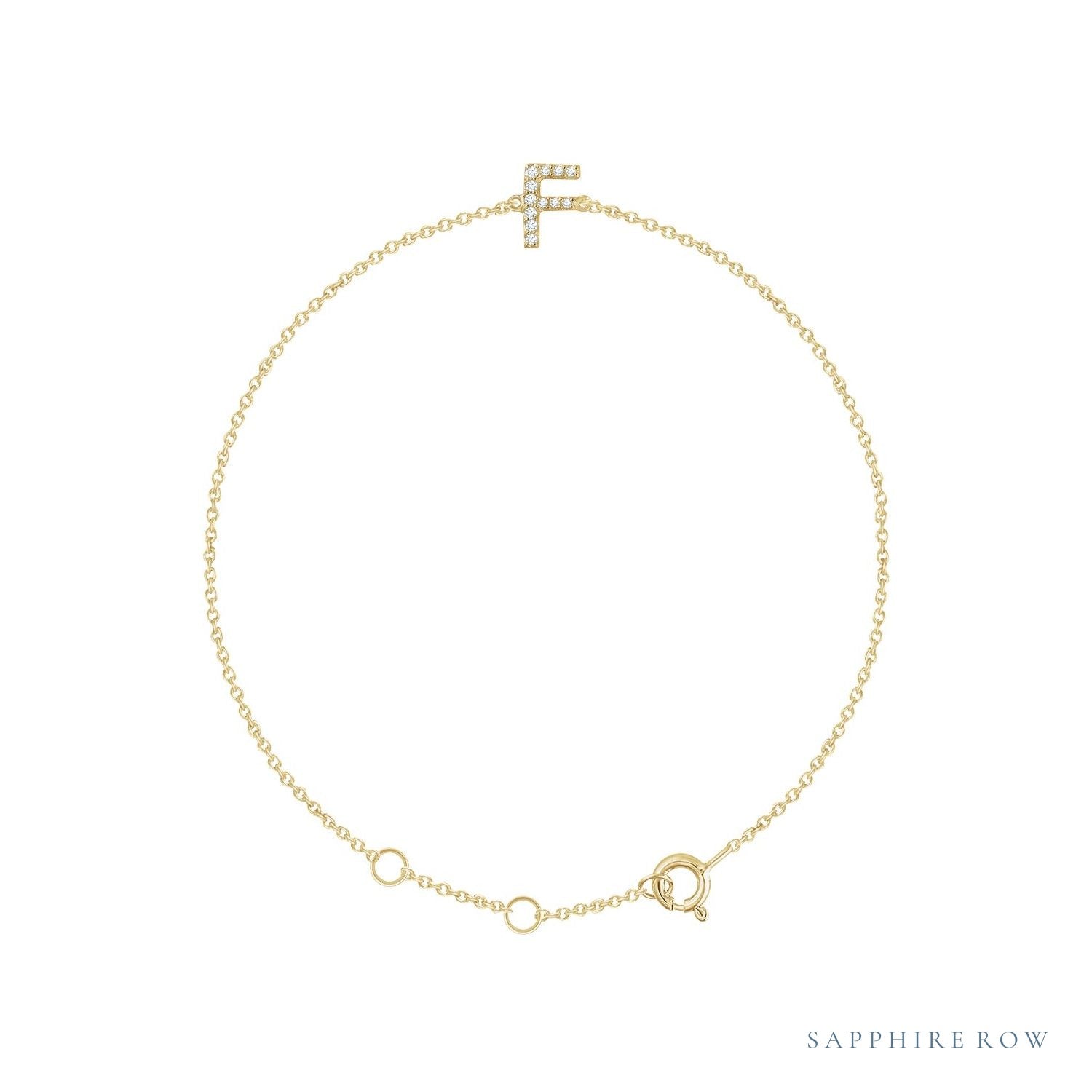 Sapphire Row Natural Diamond Pavé Initial Bracelet - F, 14K Yellow Gold