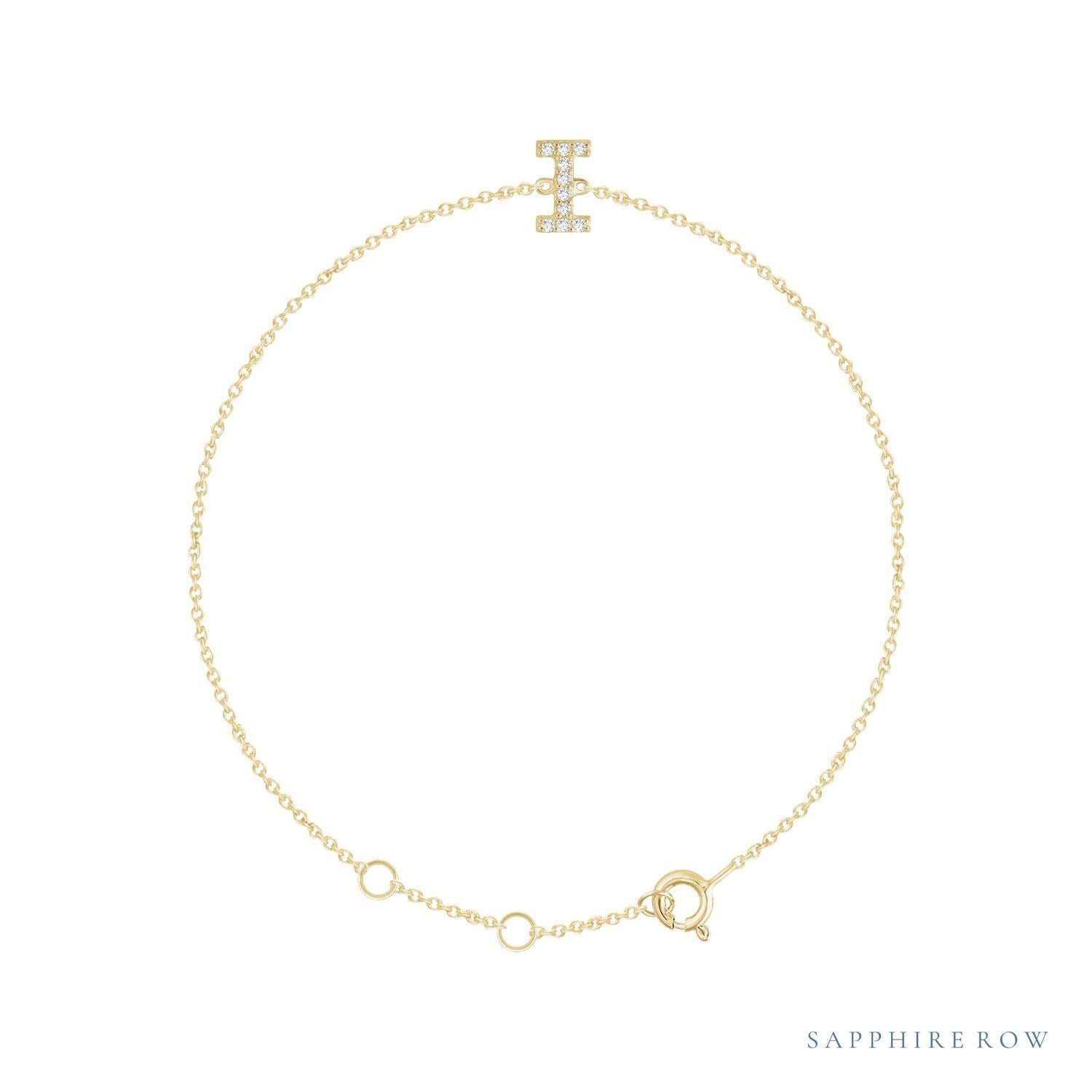 Sapphire Row Natural Diamond Pavé Initial Bracelet - I, 14K Yellow Gold