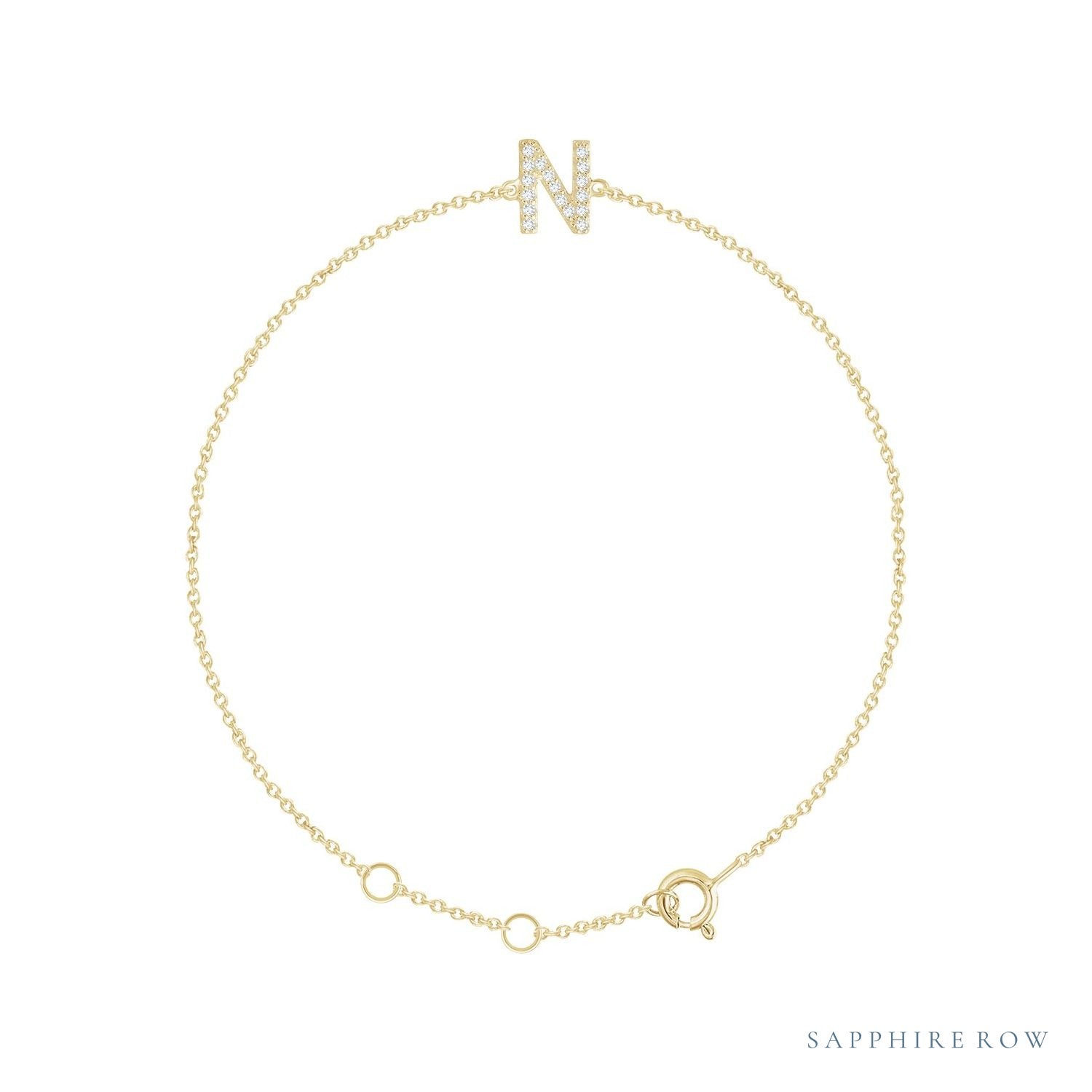 Sapphire Row Natural Diamond Pavé Initial Bracelet - N, 14K Yellow Gold