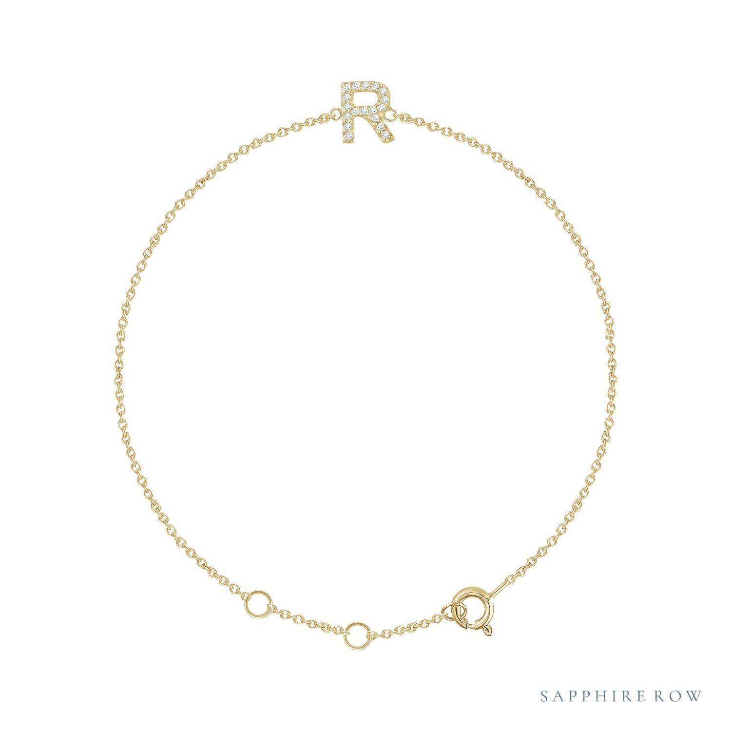 Sapphire Row Natural Diamond Pavé Initial Bracelet - R, 14K Yellow Gold