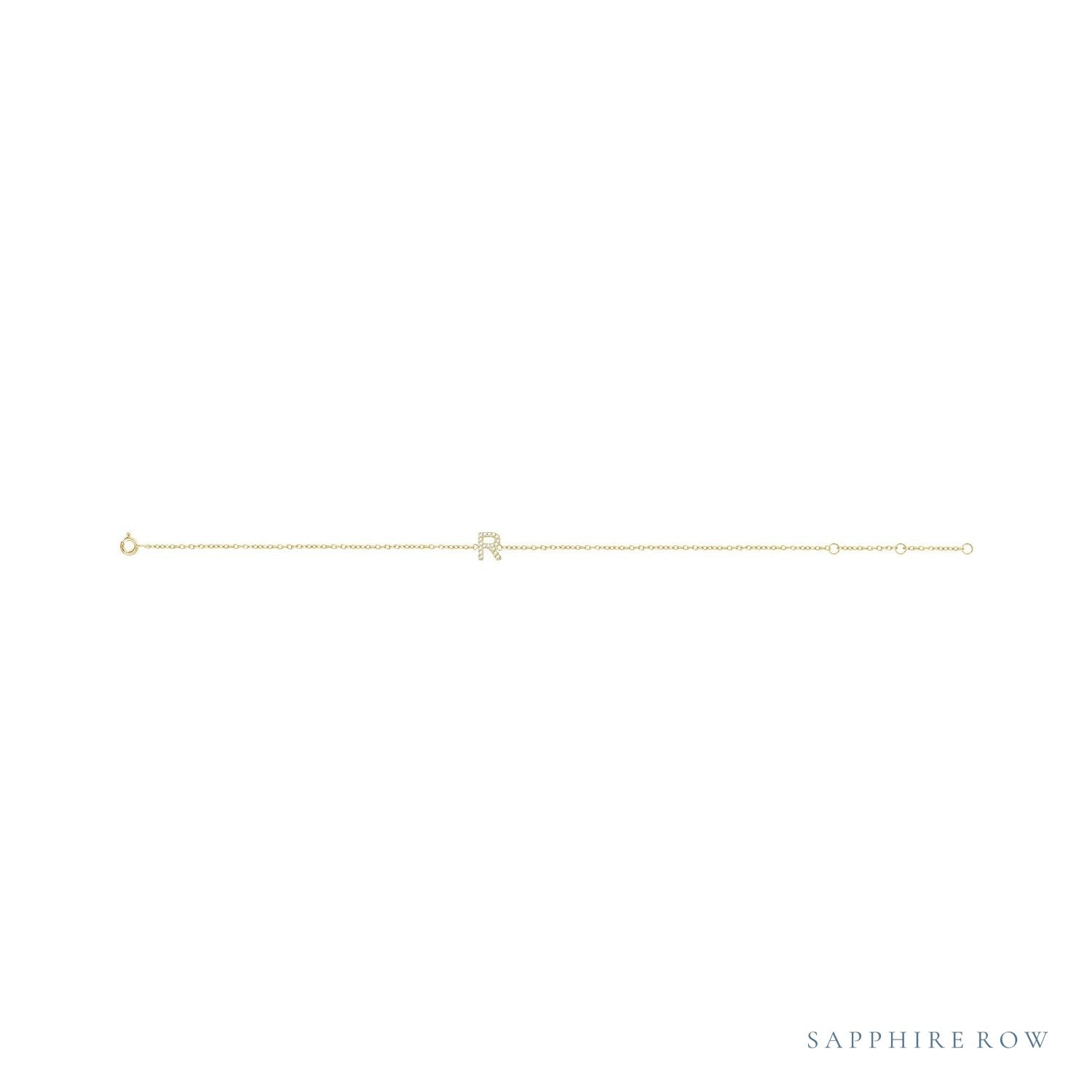 Sapphire Row Natural Diamond Pavé Initial Bracelet - R, 14K Yellow Gold (view 2)