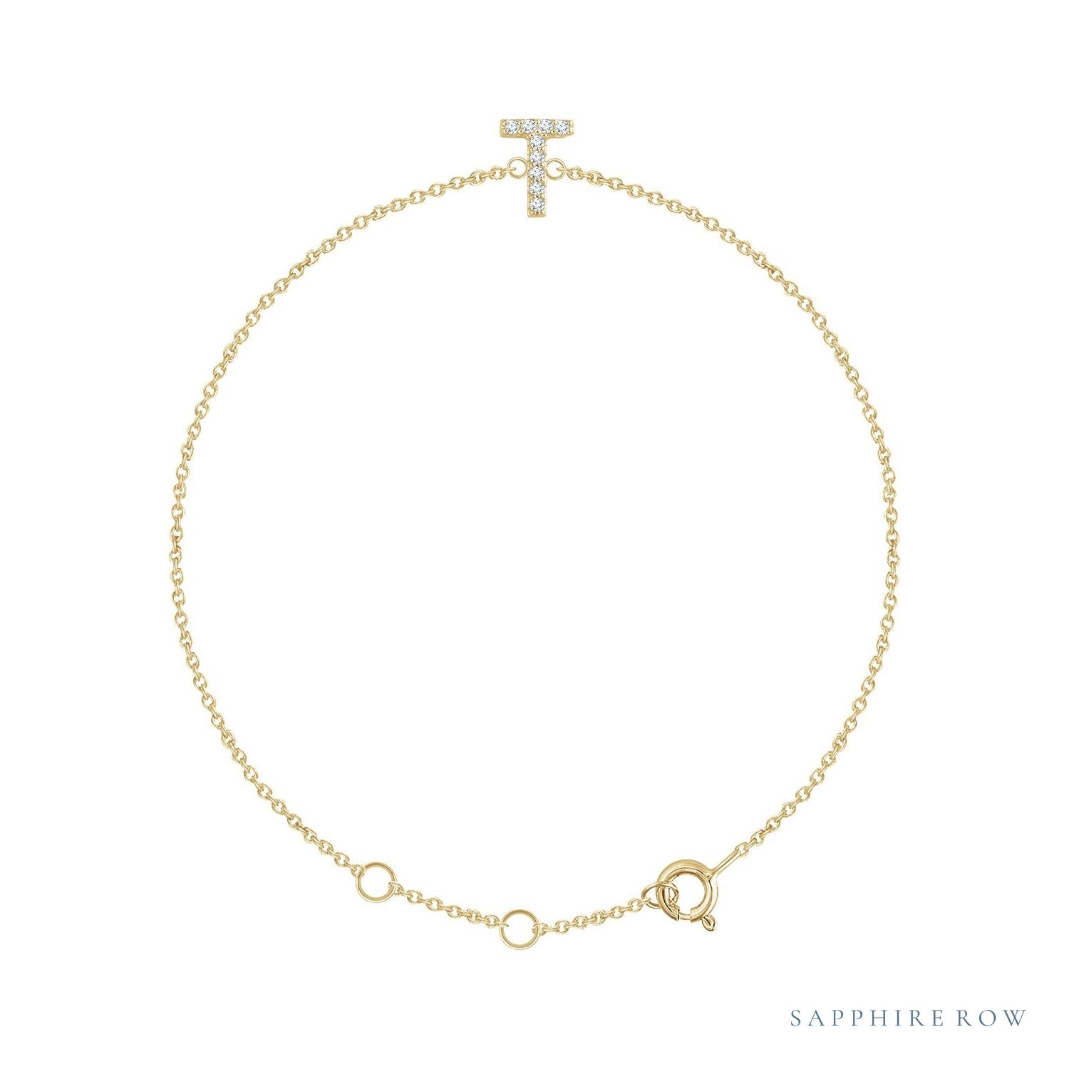 Sapphire Row Natural Diamond Pavé Initial Bracelet - T, 14K Yellow Gold