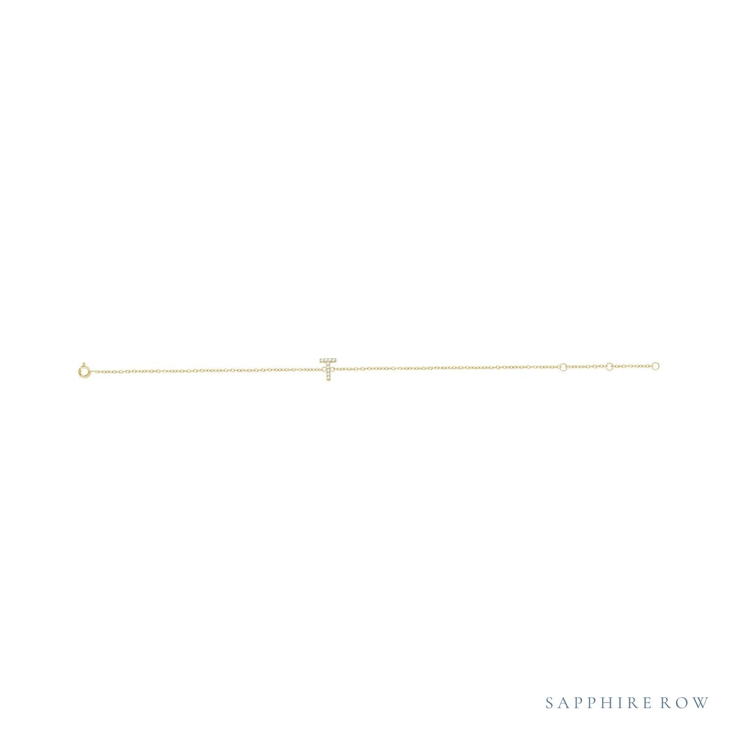 Sapphire Row Natural Diamond Pavé Initial Bracelet - T, 14K Yellow Gold (view 2)