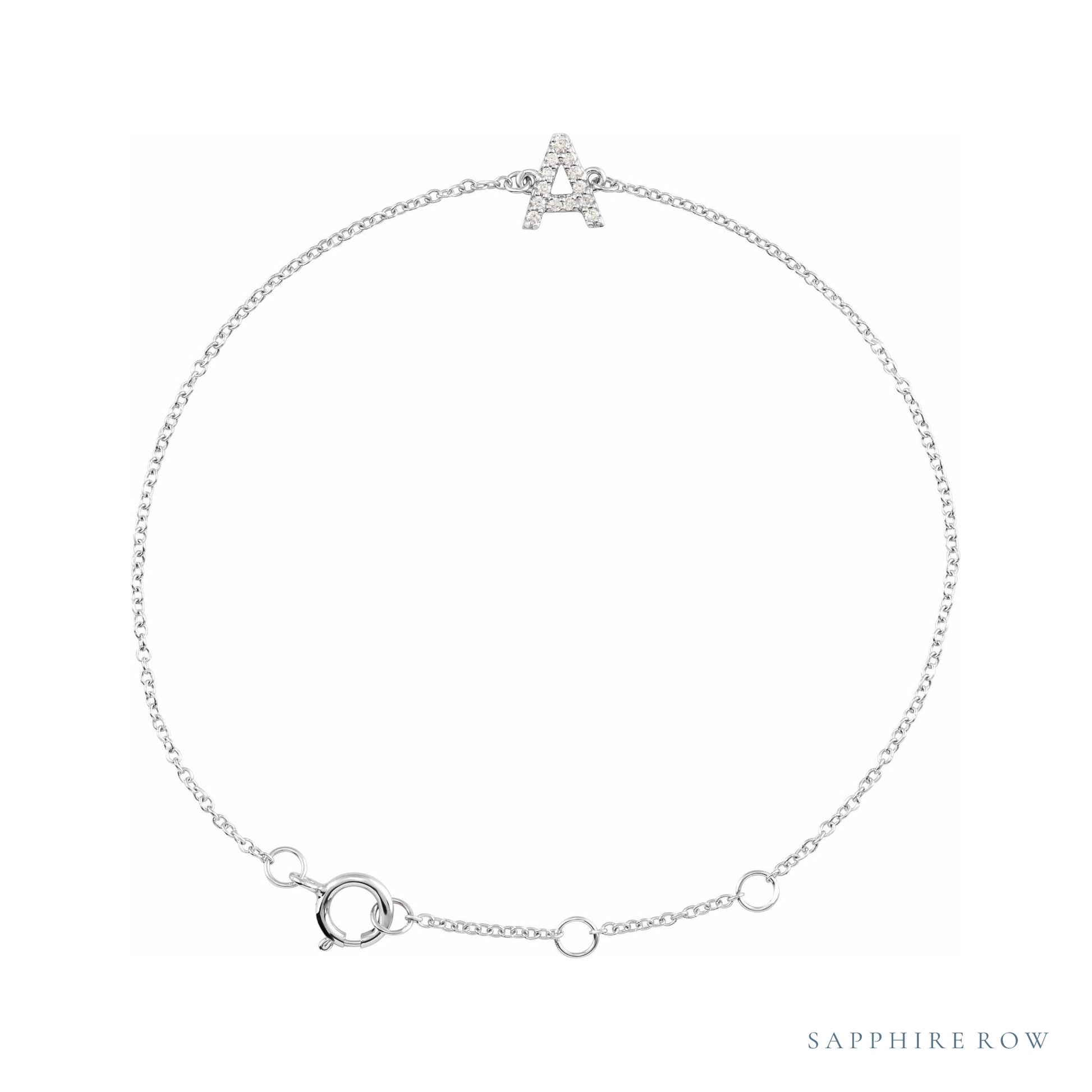 Sapphire Row Natural Diamond Pavé Initial Bracelet - A, 14K White Gold