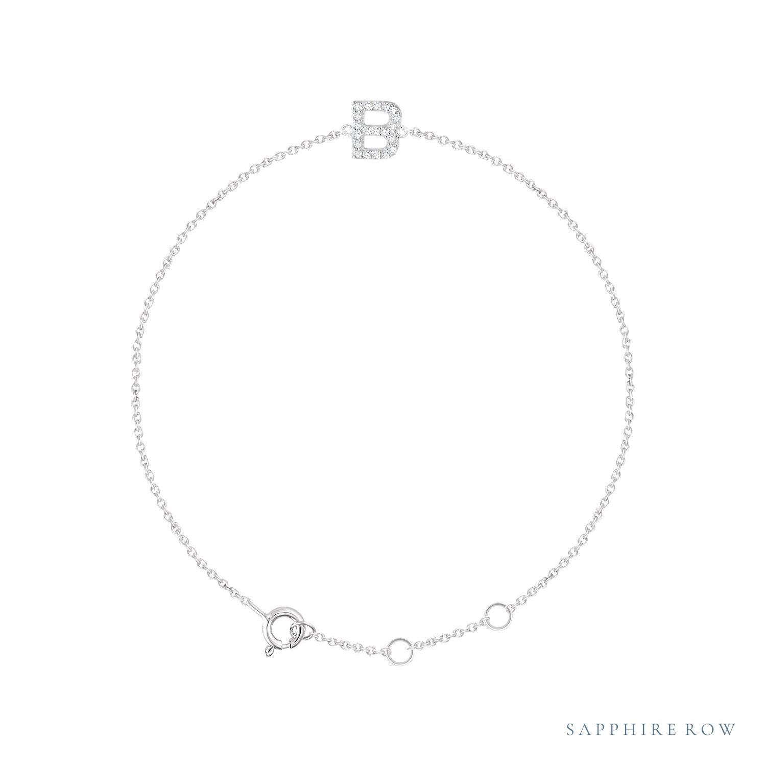 Sapphire Row Natural Diamond Pavé Initial Bracelet - B, 14K White Gold
