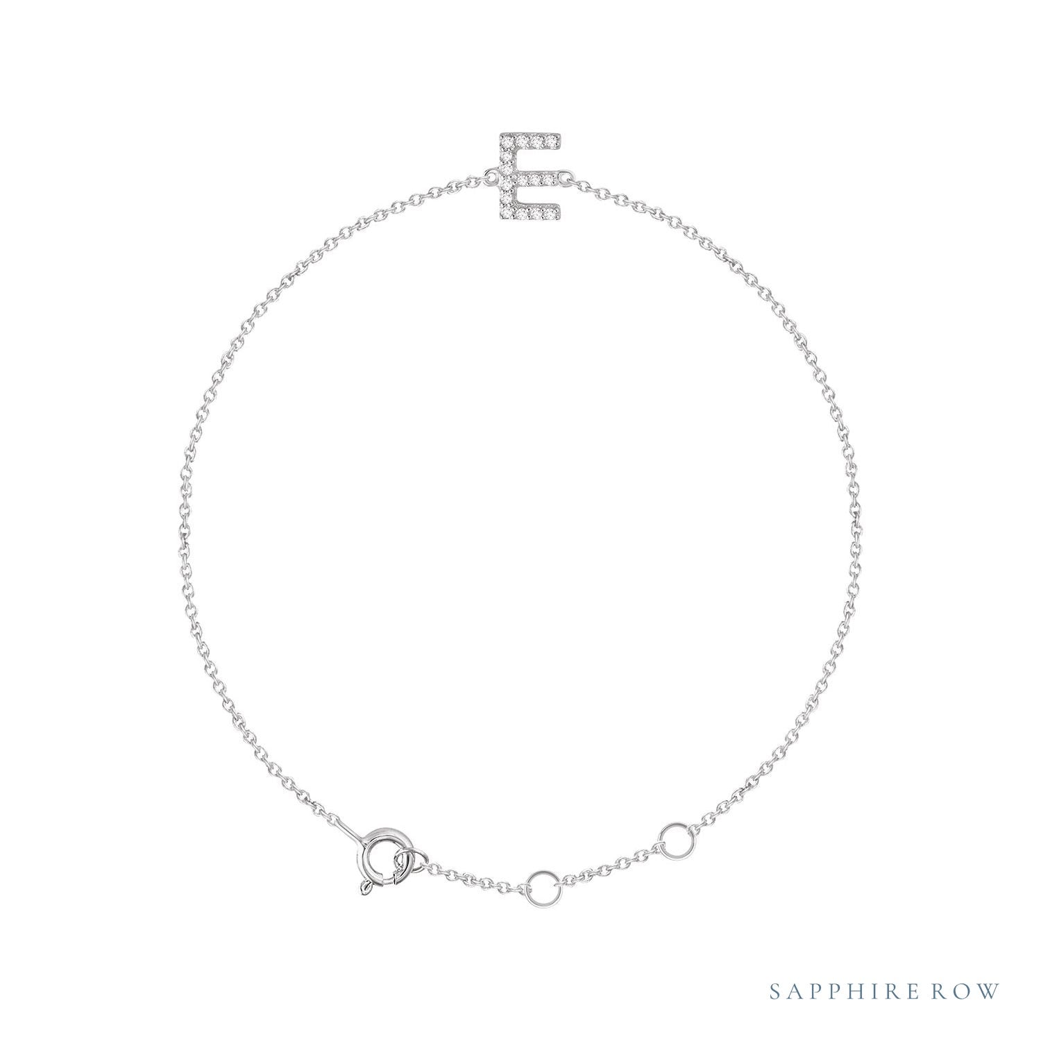 Sapphire Row Natural Diamond Pavé Initial Bracelet - E, 14K White Gold